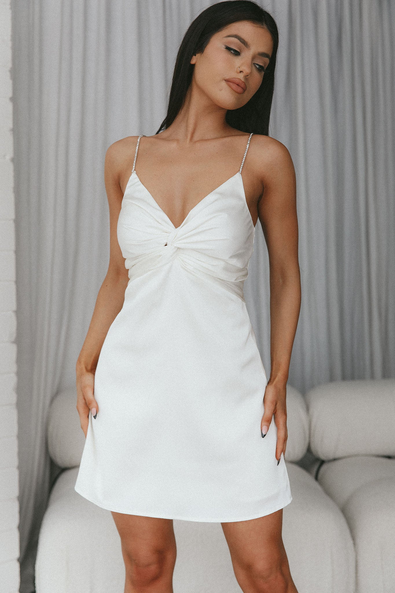 Insignia Twist Bust Diamante Mini Dress Cream-Maymioy