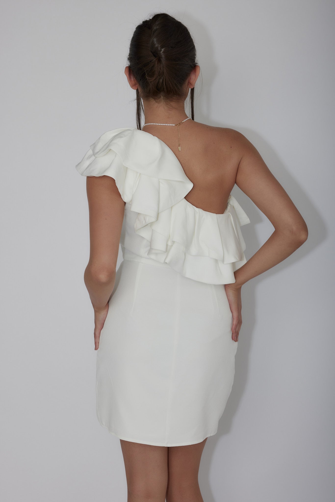 Midnight Star One-Shoulder Ruffle Mini Dress Off White-Maymioy