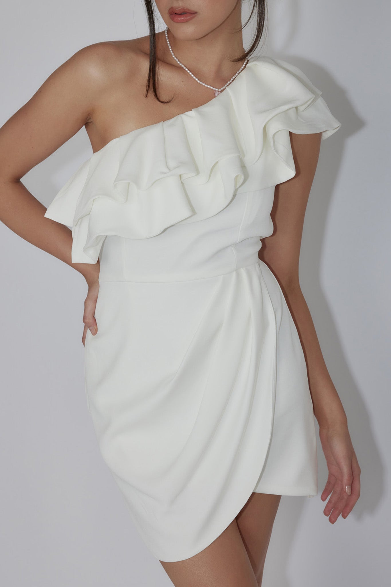 Midnight Star One-Shoulder Ruffle Mini Dress Off White-Maymioy