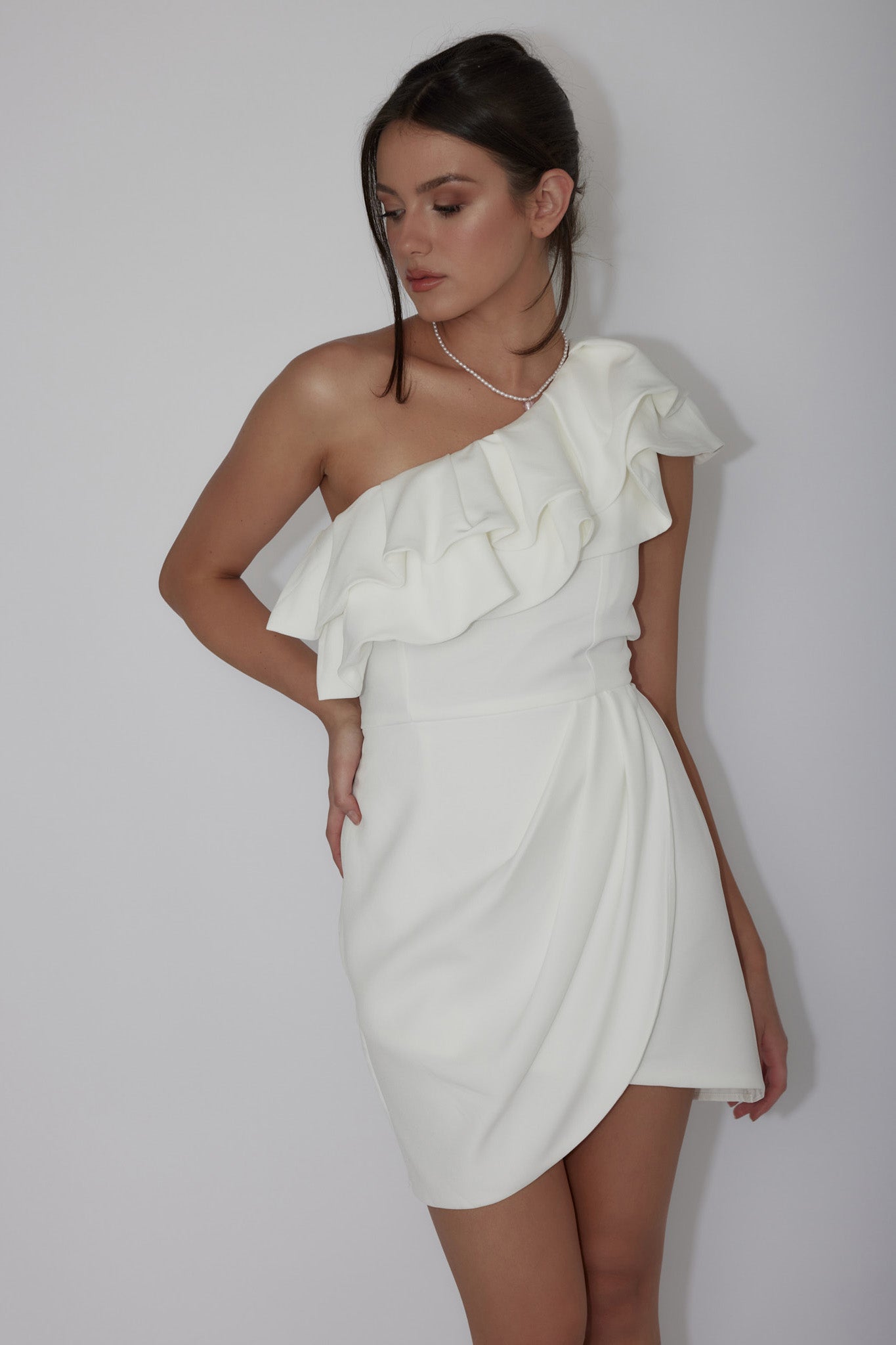 Midnight Star One-Shoulder Ruffle Mini Dress Off White-Maymioy