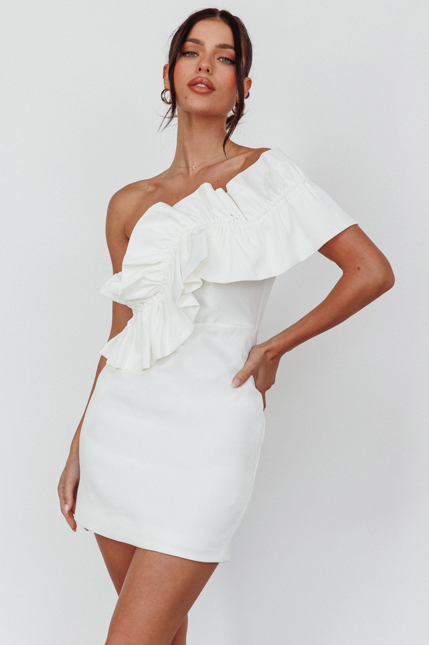 Grecca One-Shoulder Mini Dress Off White-Maymioy