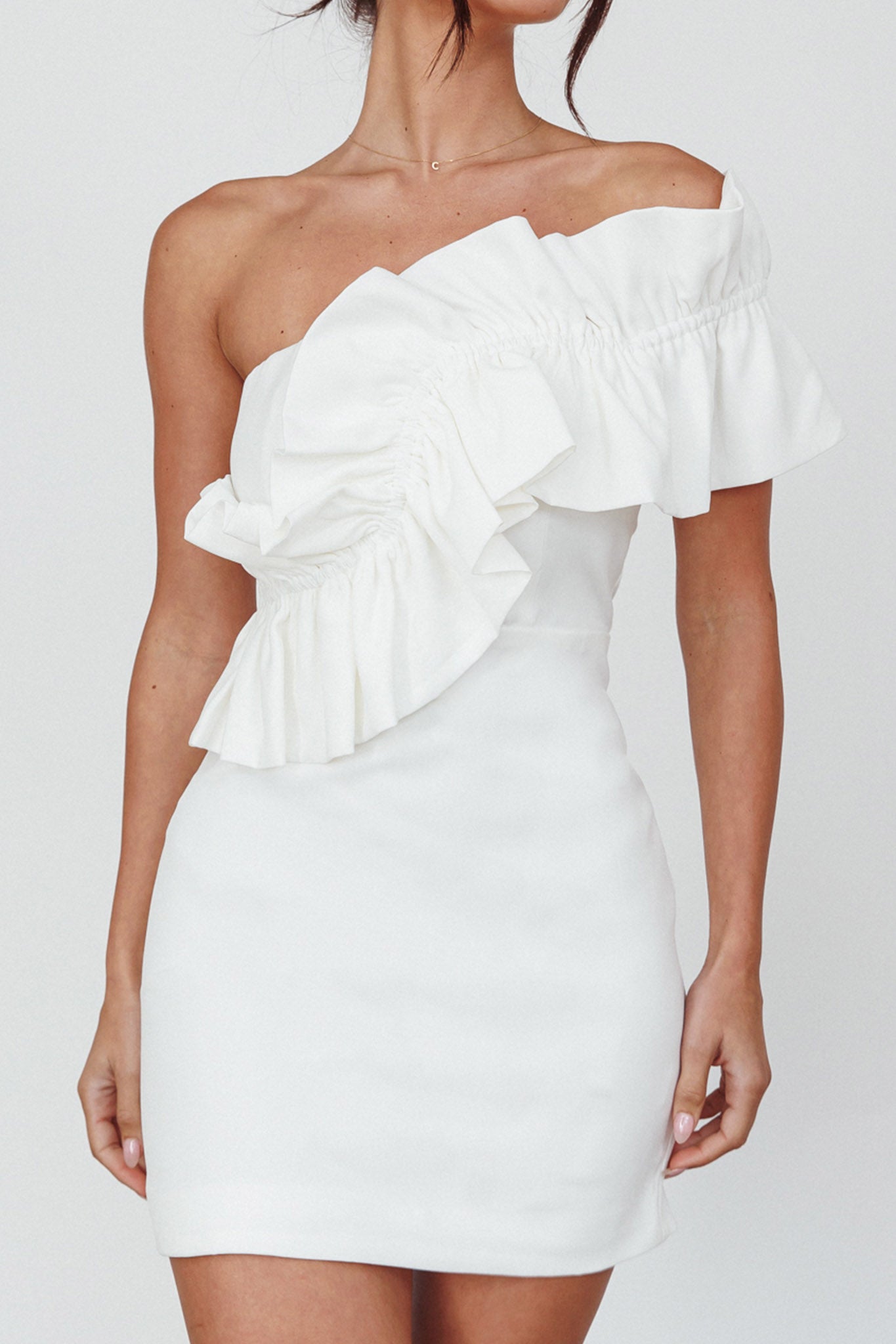 Grecca One-Shoulder Mini Dress Off White-Maymioy