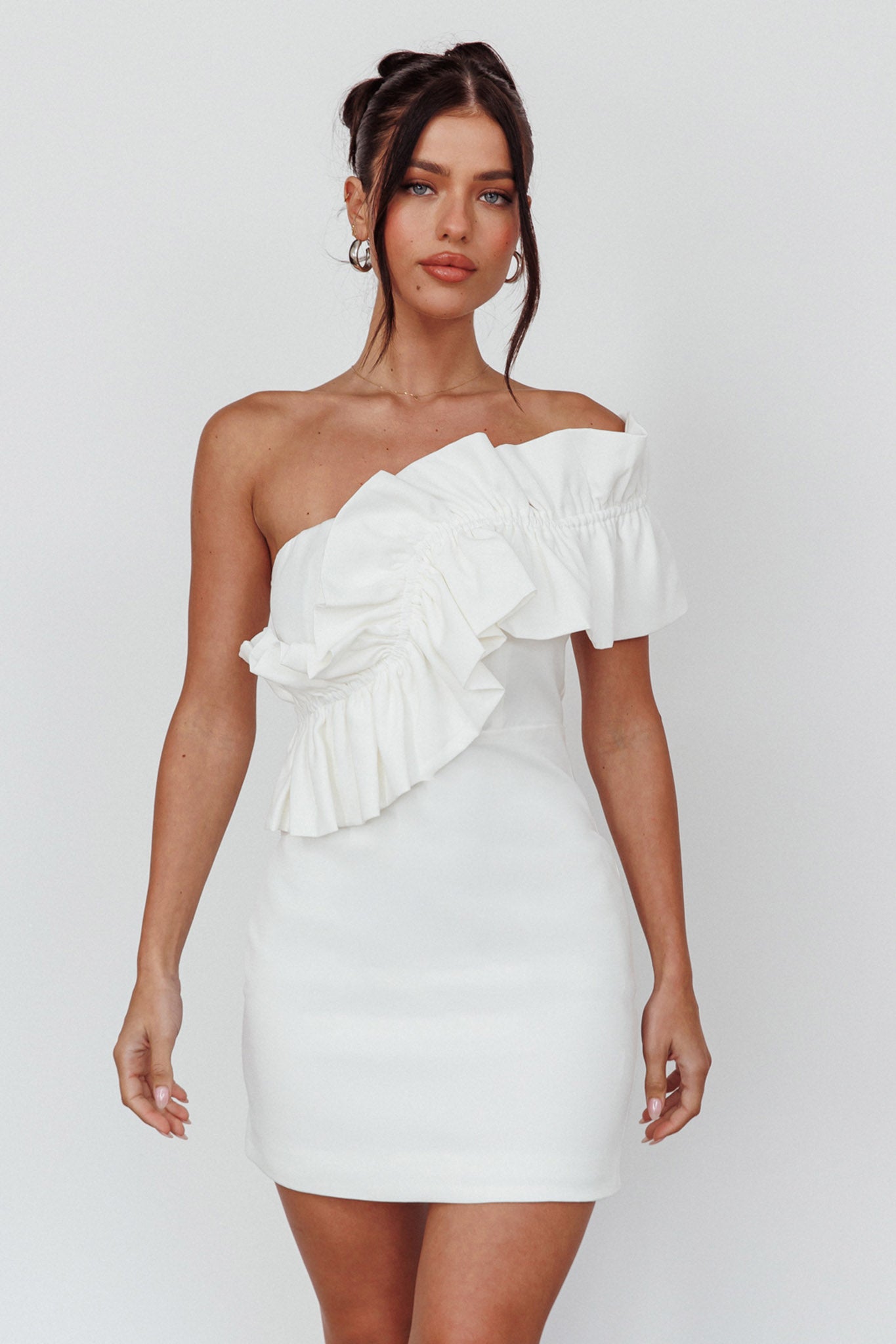 Grecca One-Shoulder Mini Dress Off White-Maymioy