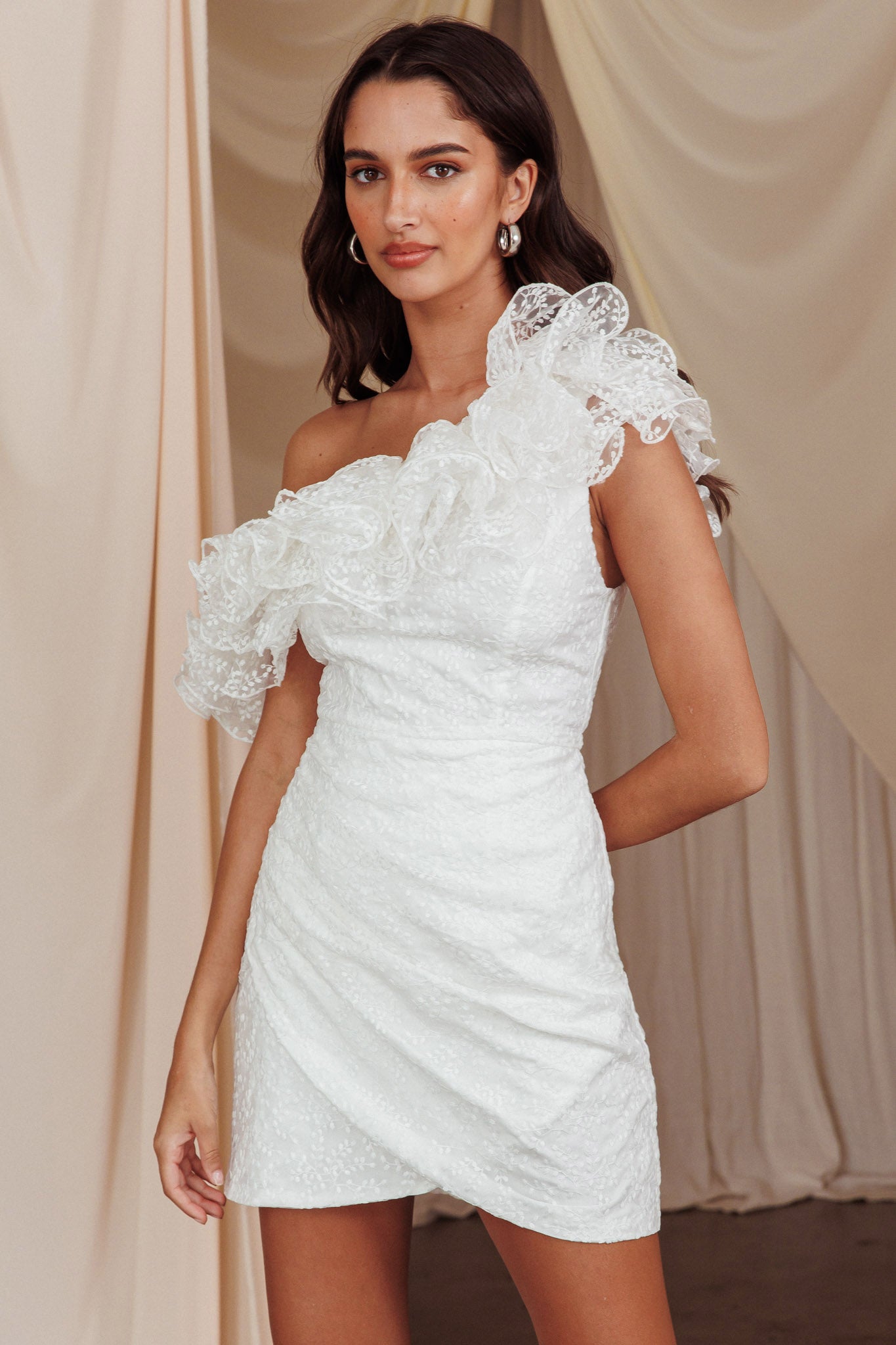 Hollyn One-Shoulder Ruffle Mini Dress White-Maymioy