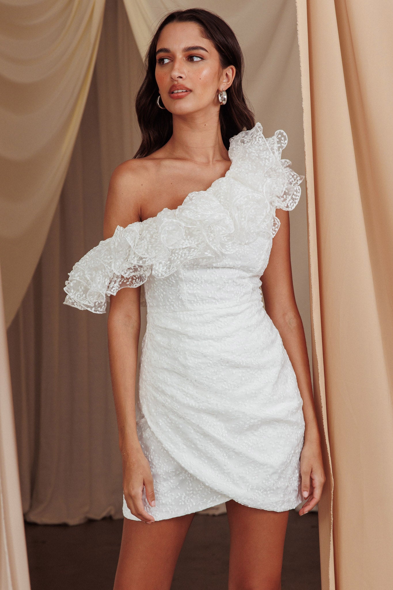 Hollyn One-Shoulder Ruffle Mini Dress White-Maymioy