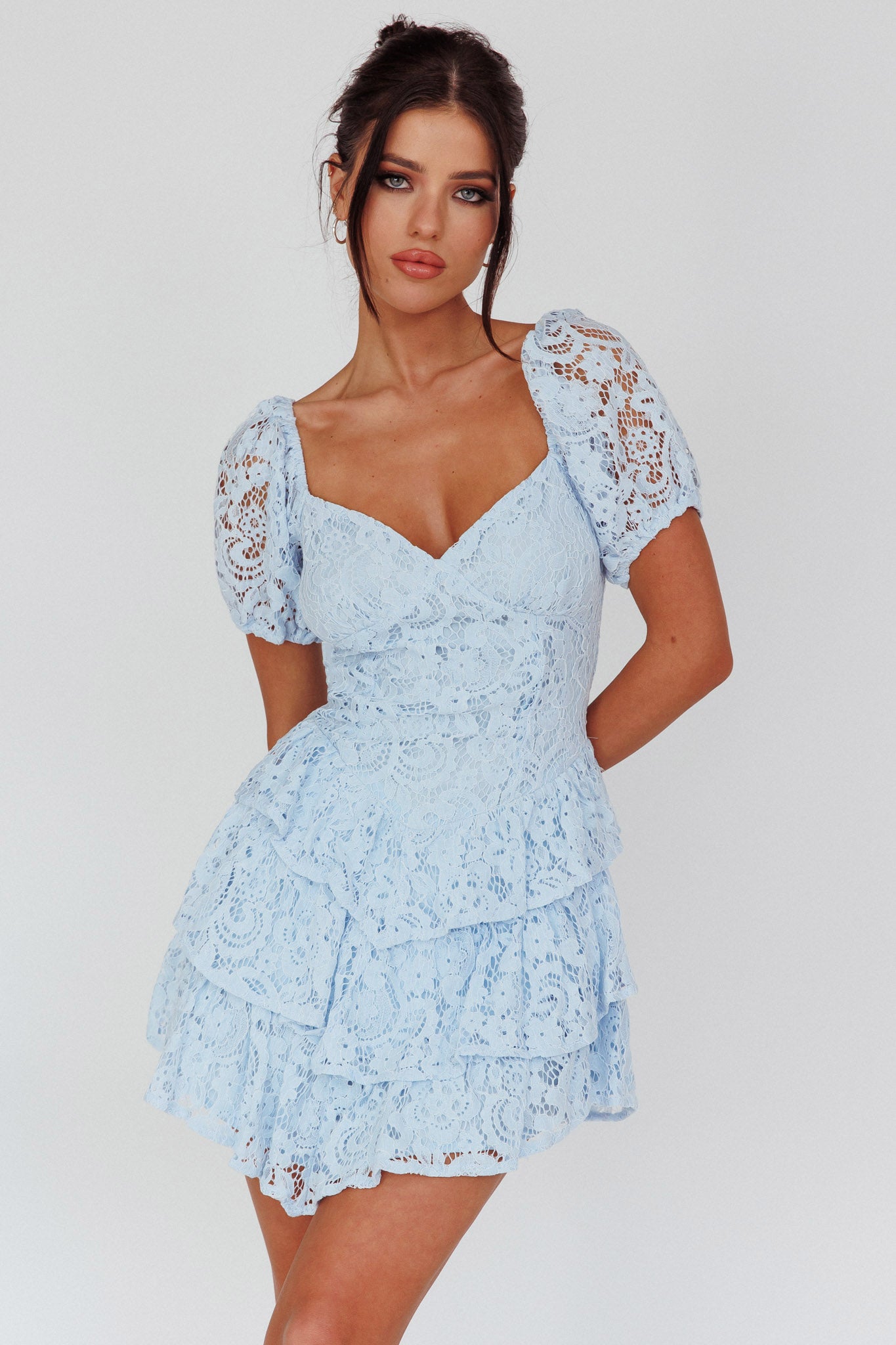 Tayah Tiered Lace Mini Dress Light Blue-Maymioy