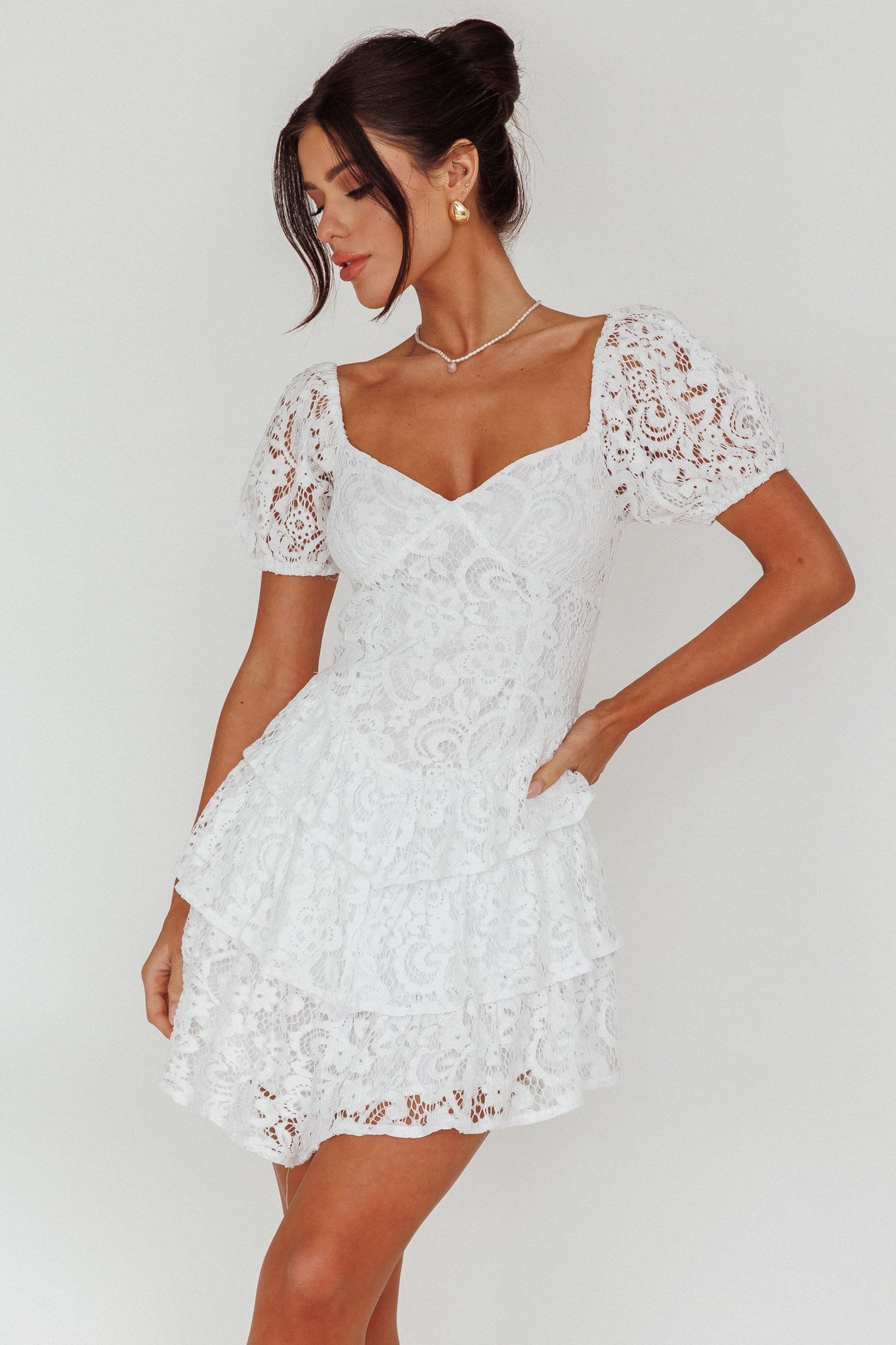Tayah Tiered Lace Mini Dress Off White-Maymioy