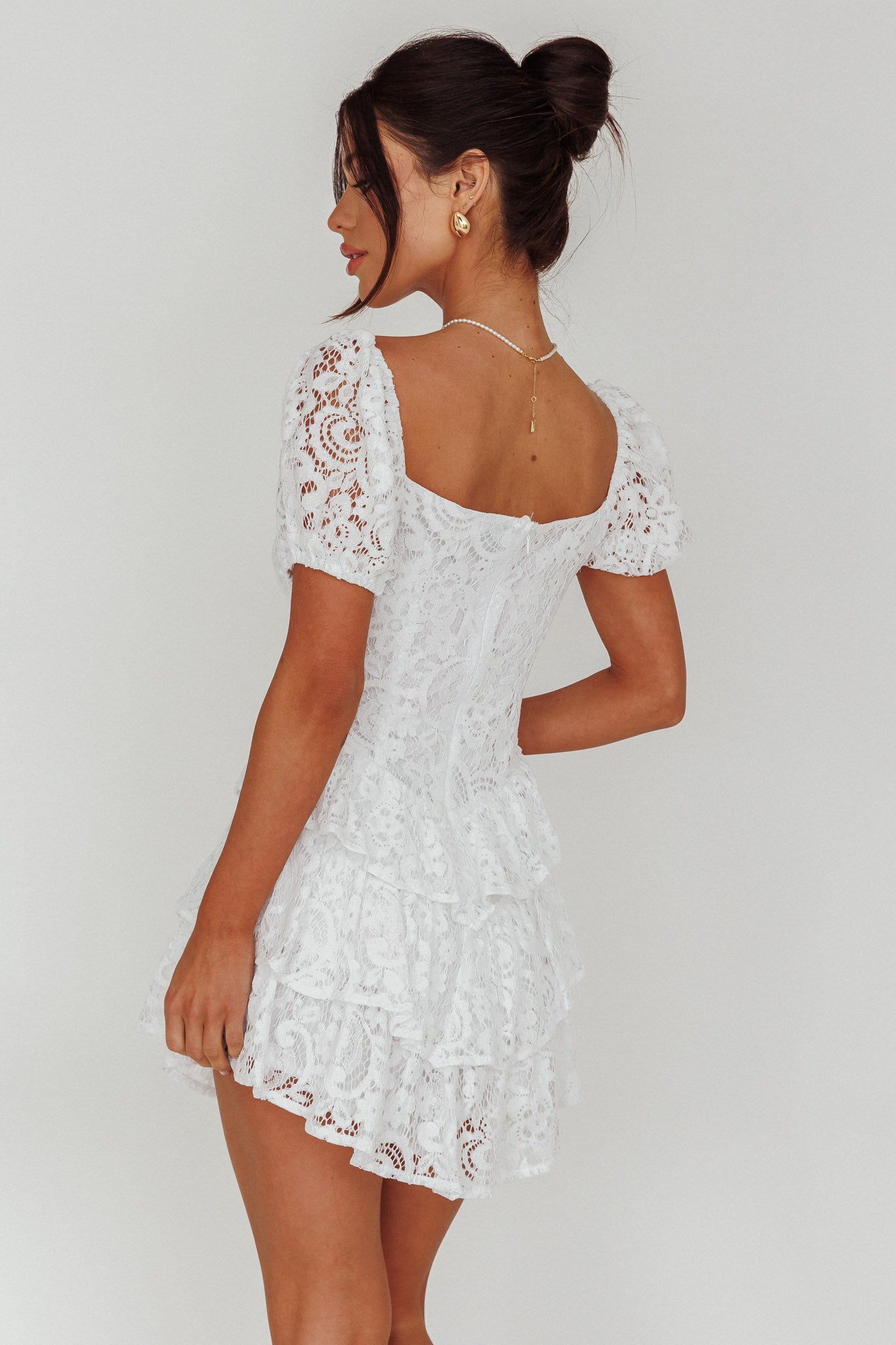 Tayah Tiered Lace Mini Dress Off White-Maymioy