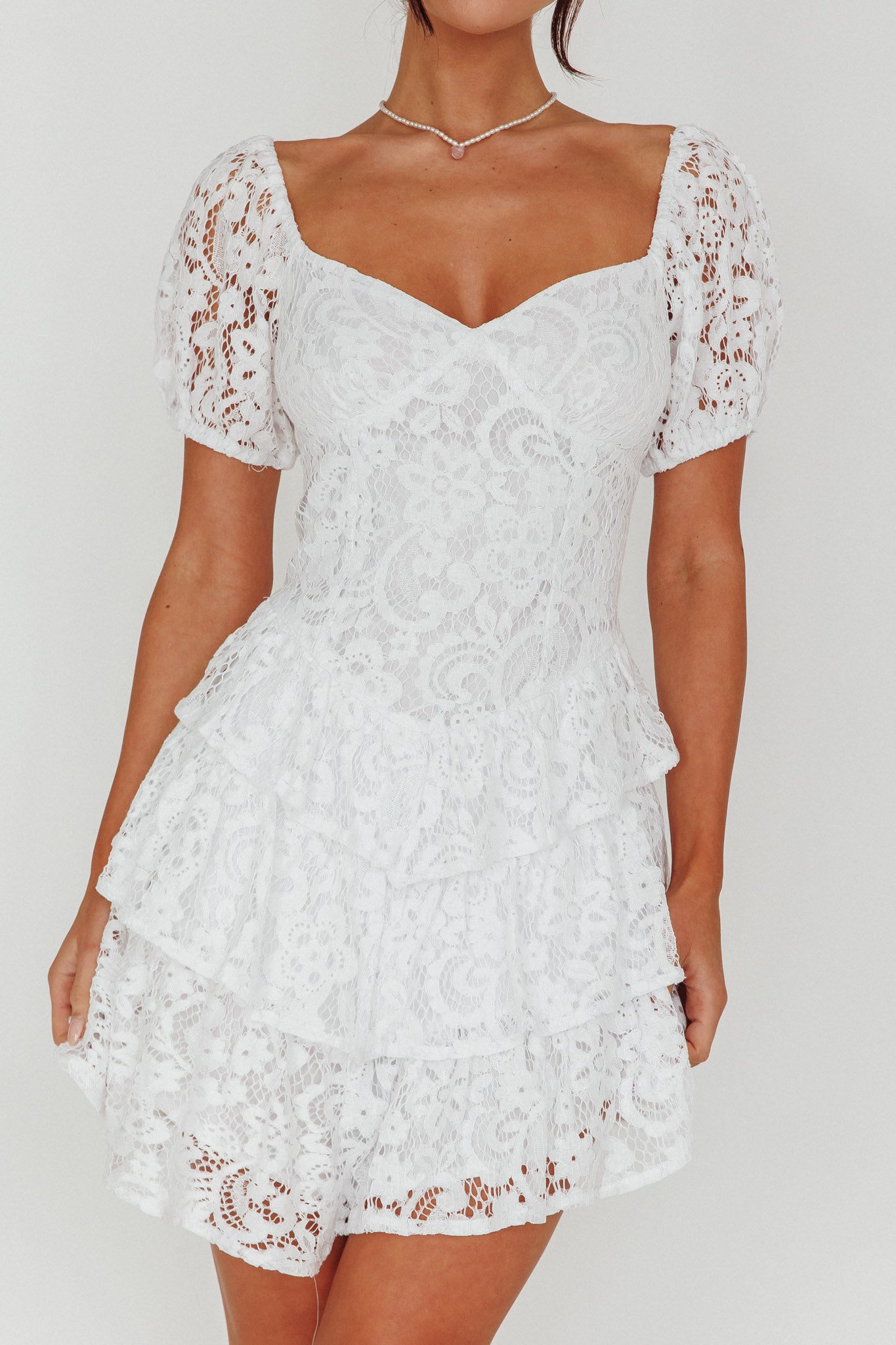 Tayah Tiered Lace Mini Dress Off White-Maymioy