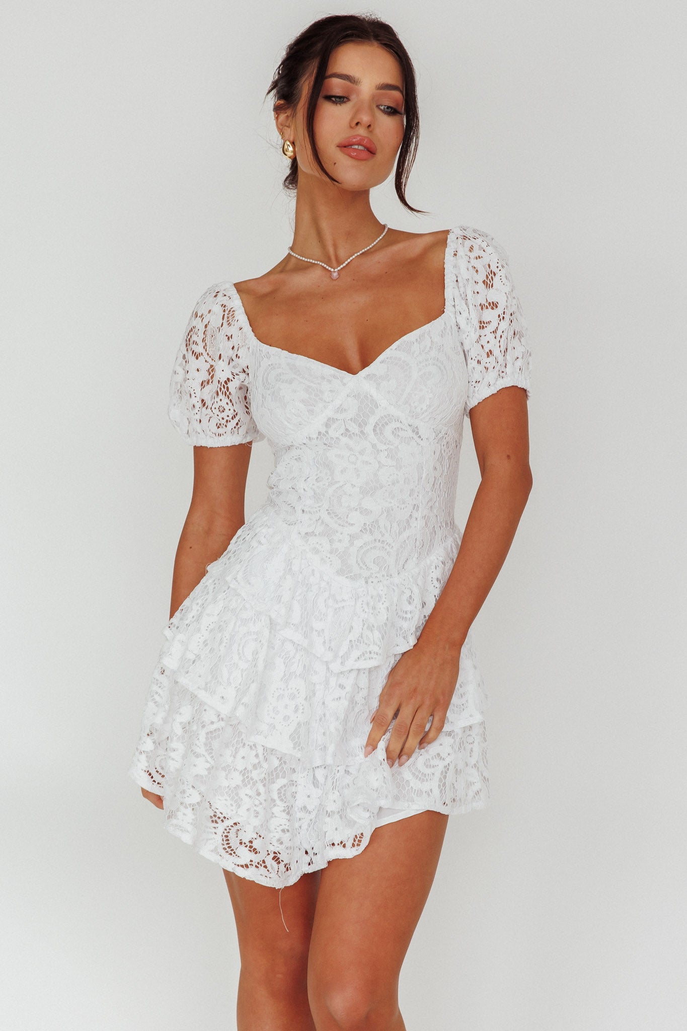 Tayah Tiered Lace Mini Dress Off White-Maymioy