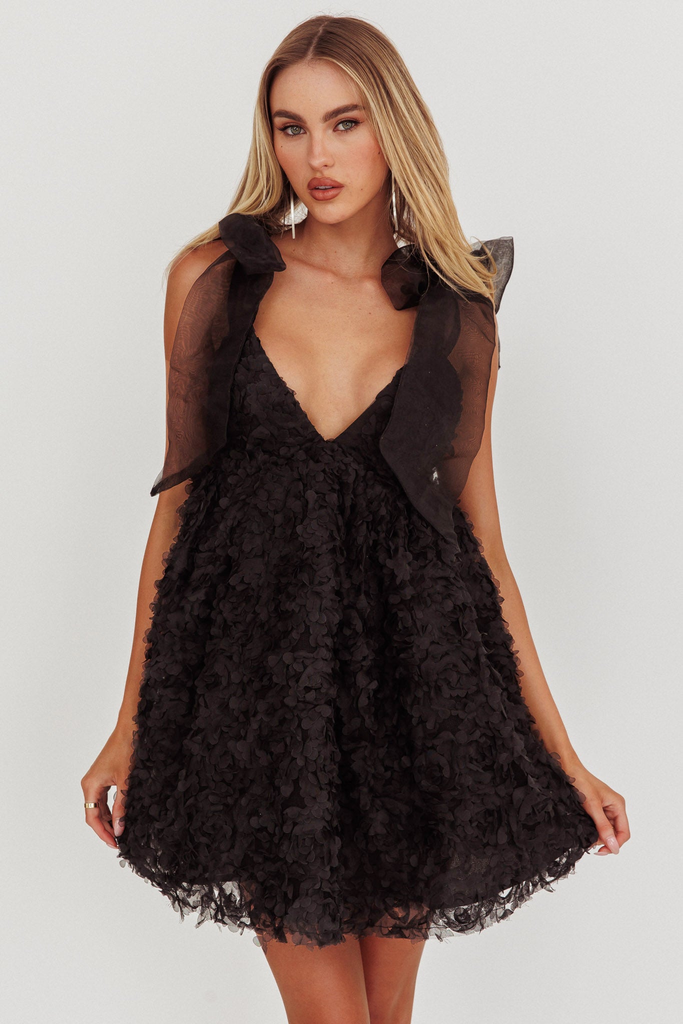 Lisette Tied Shoulder Embellished Mini Dress Black-Maymioy