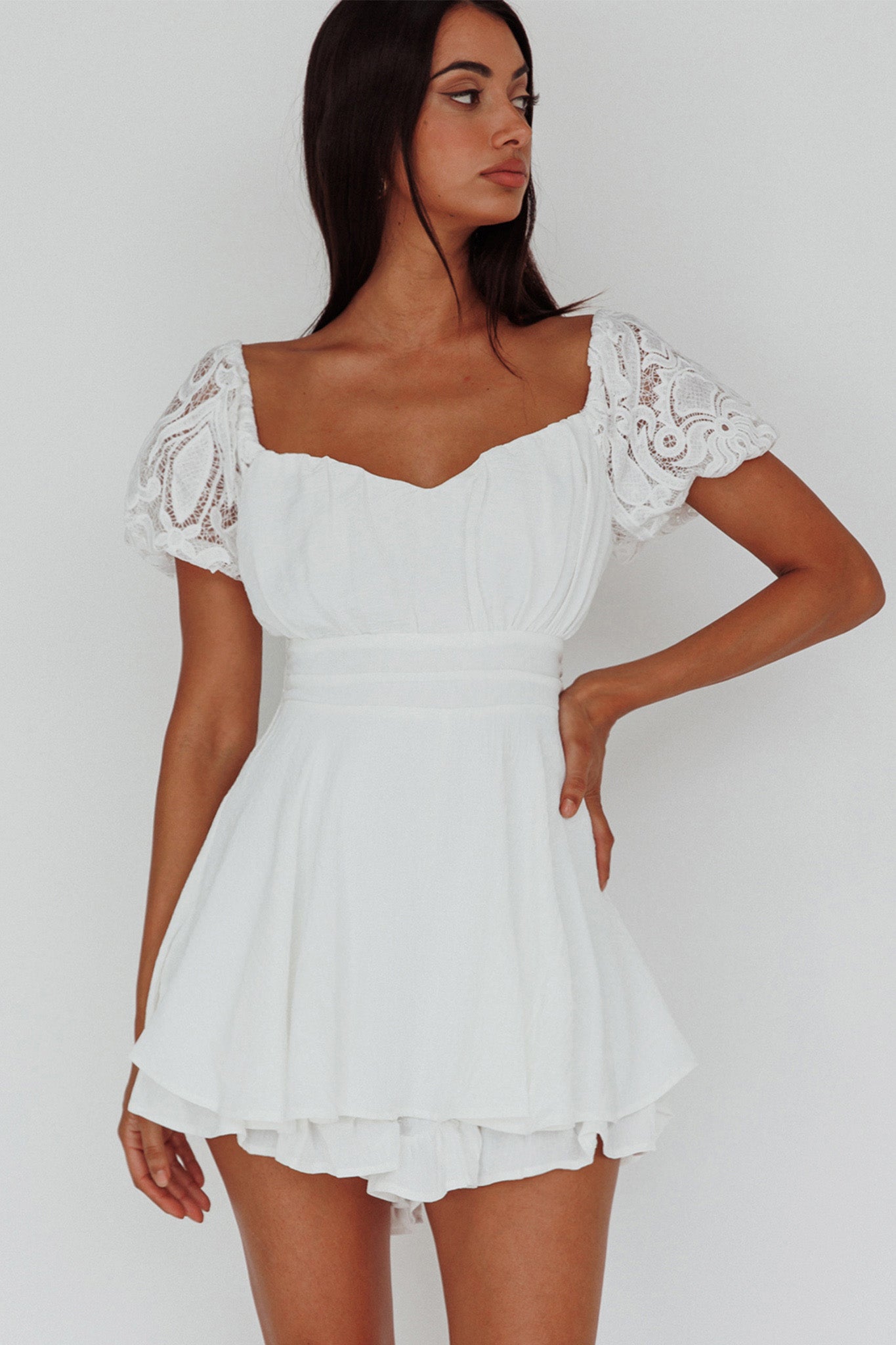 Lianah Lace Sleeve Tied Back Romper White-Maymioy