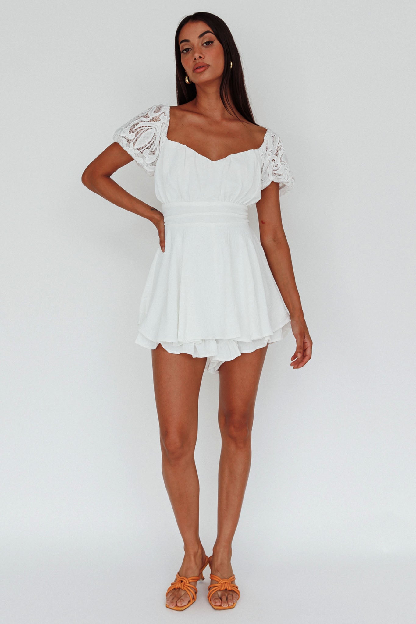 Lianah Lace Sleeve Tied Back Romper White-Maymioy