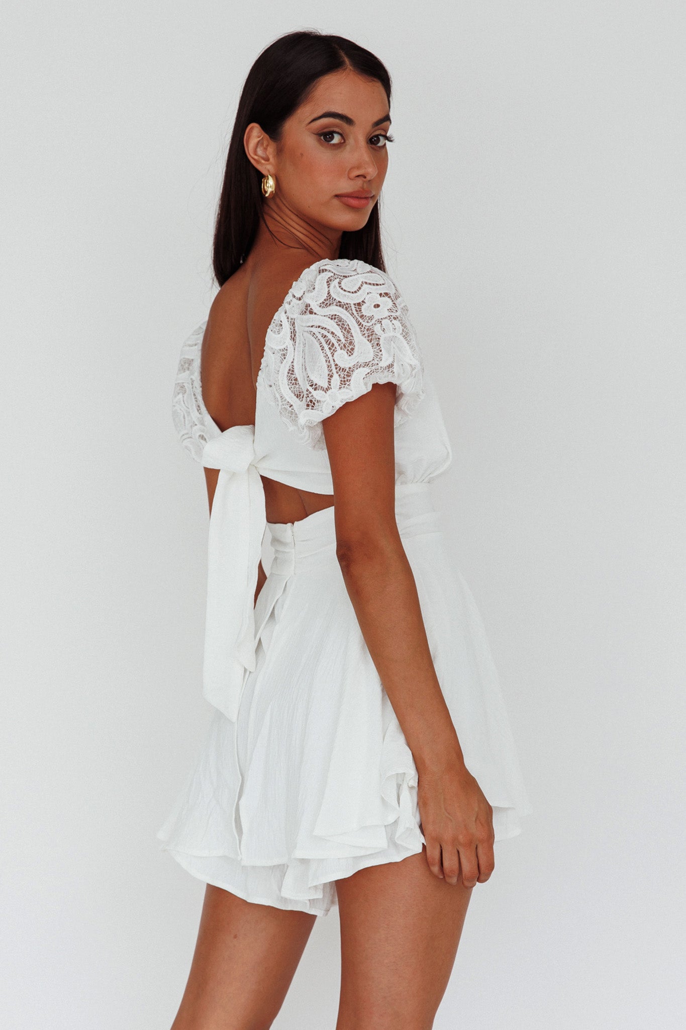 Lianah Lace Sleeve Tied Back Romper White-Maymioy