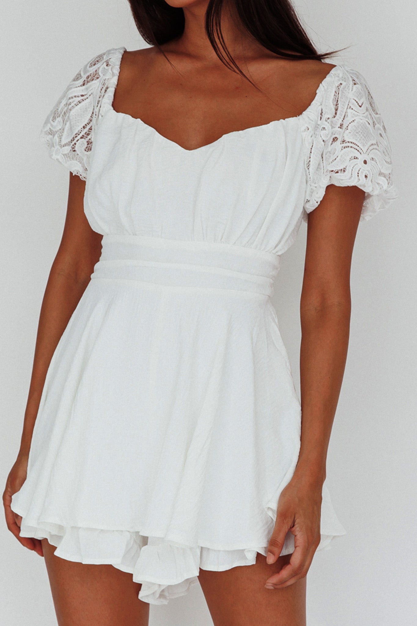 Lianah Lace Sleeve Tied Back Romper White-Maymioy