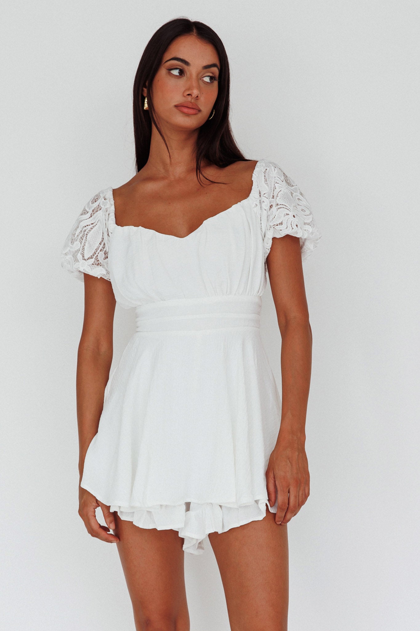 Lianah Lace Sleeve Tied Back Romper White-Maymioy