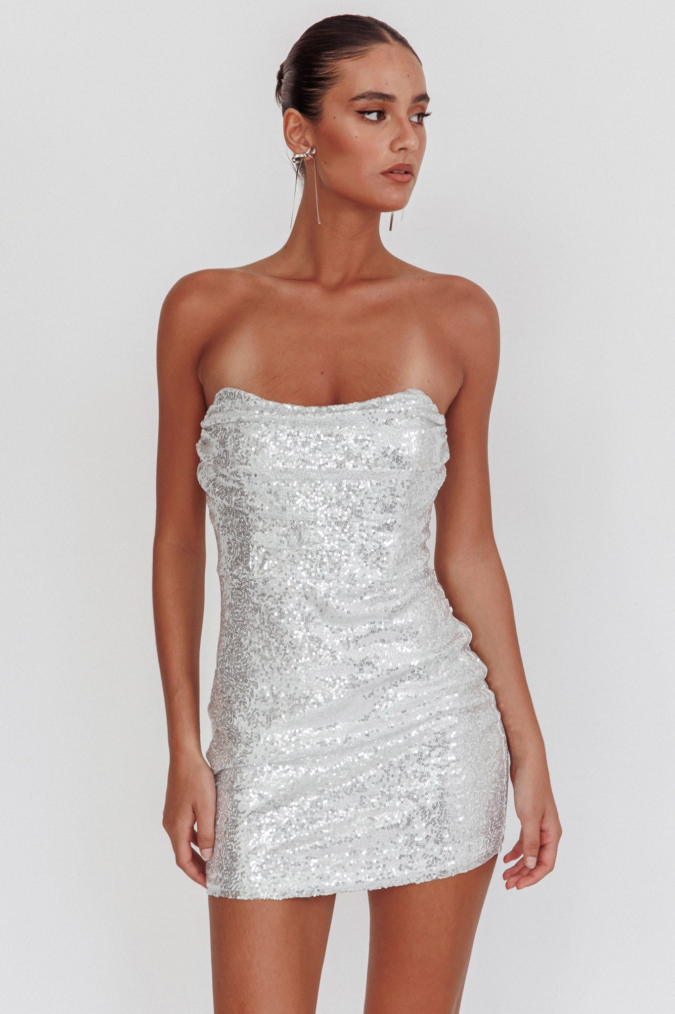 She Slays Strapless Sequin Dress Silver-Maymioy
