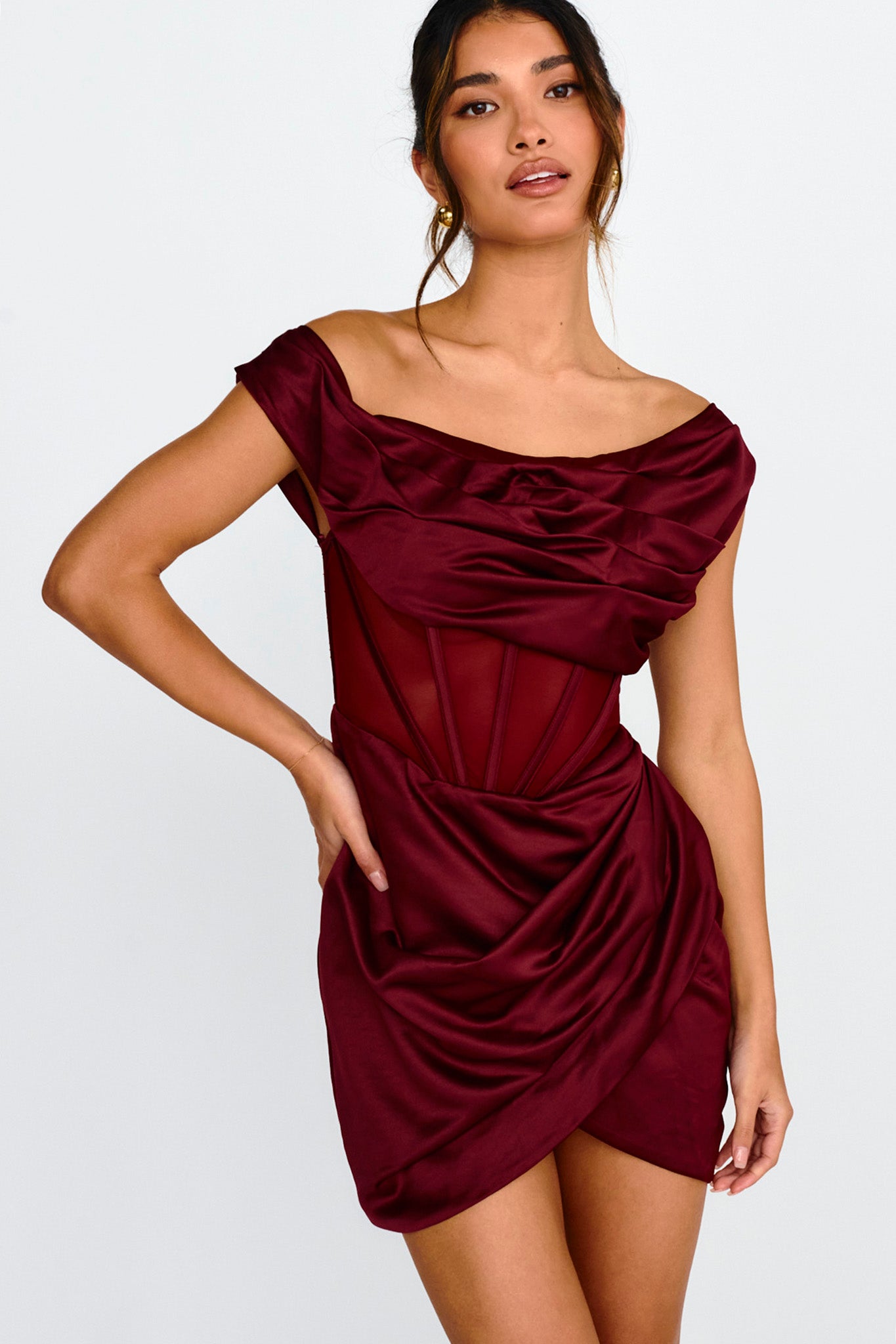Lizetta Boat Neck Gathered Mini Dress Burgundy-Maymioy