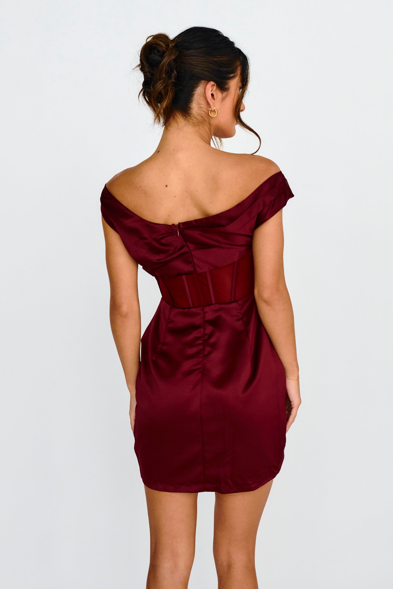 Lizetta Boat Neck Gathered Mini Dress Burgundy-Maymioy