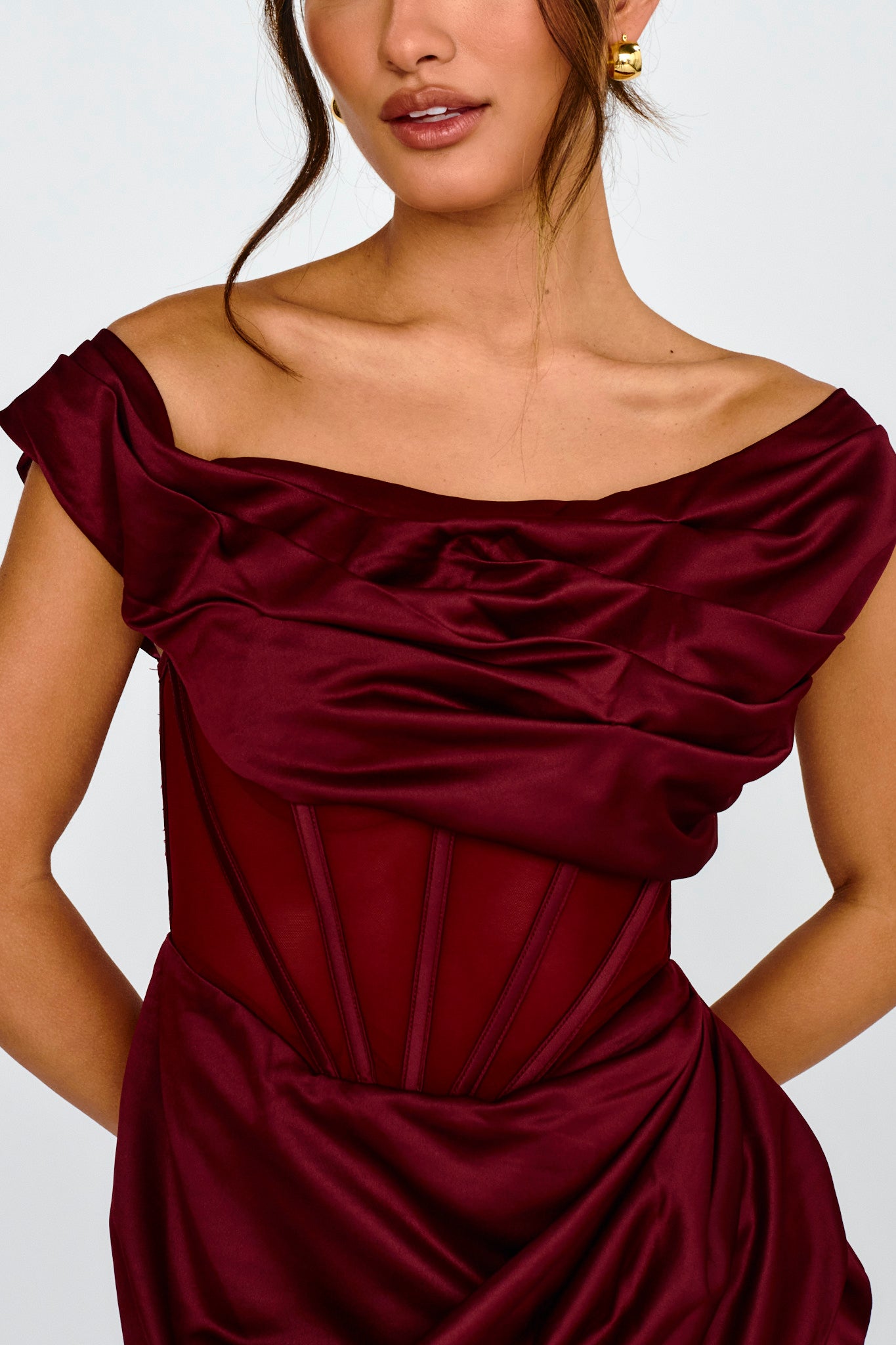 Lizetta Boat Neck Gathered Mini Dress Burgundy-Maymioy