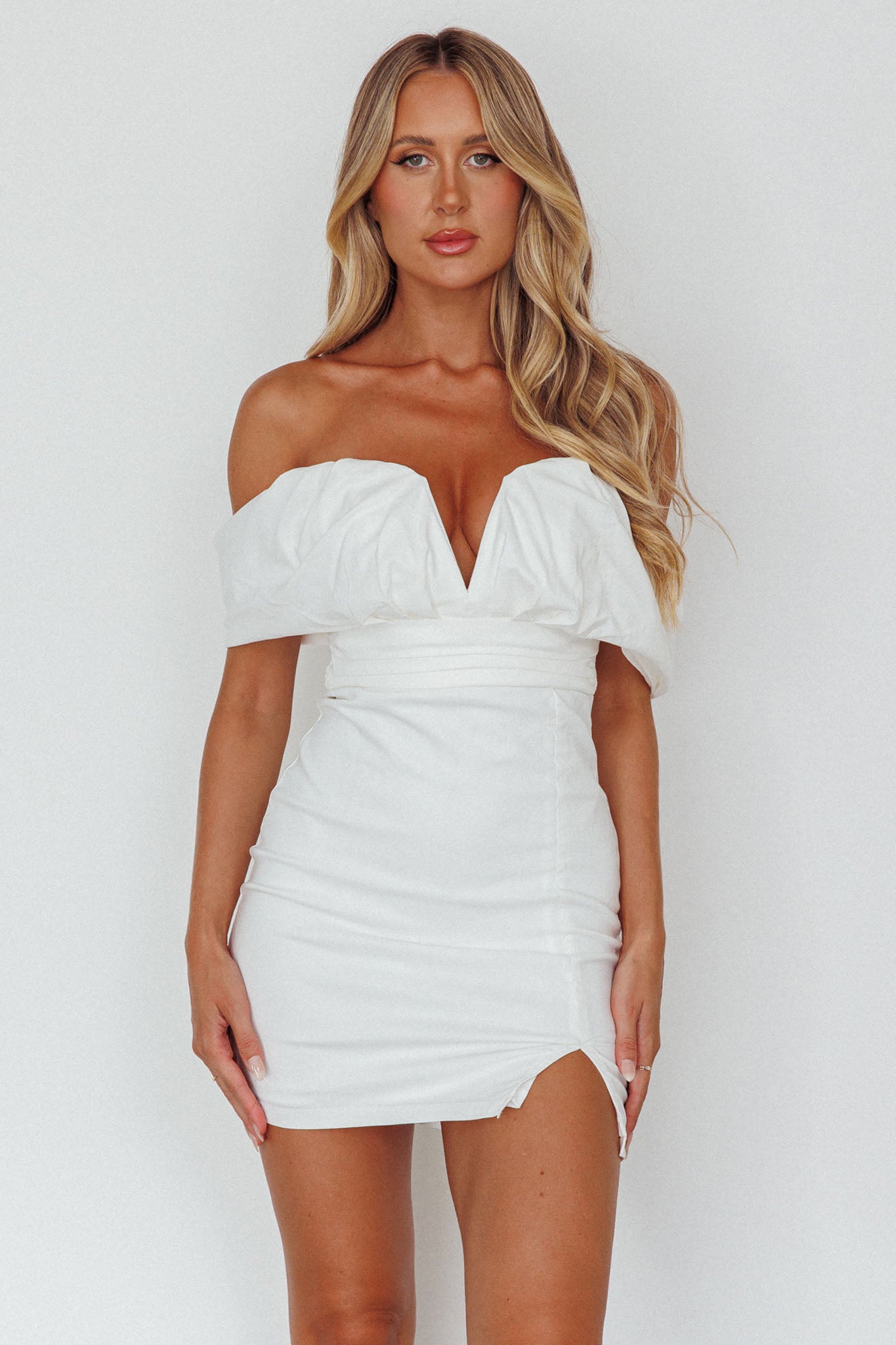 Oui Madame Off Shoulder Mini Dress Off White-Maymioy