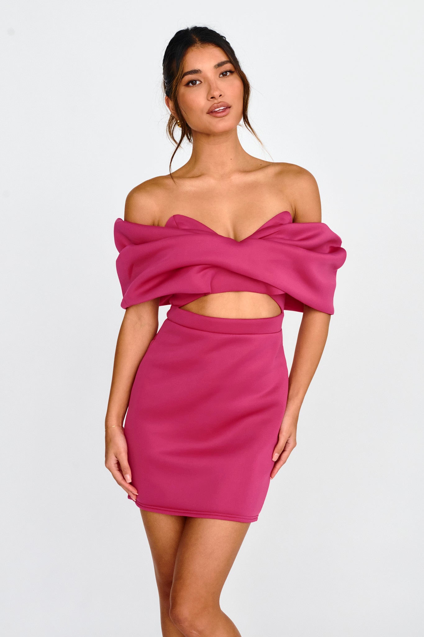 Lucky Star Off Shoulder Cut-Out Mini Dress Fuchsia-Maymioy