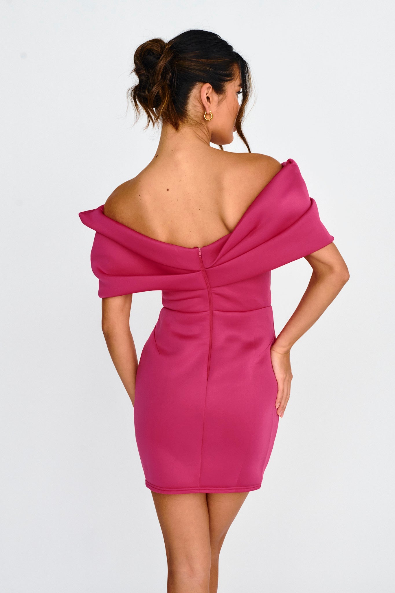 Lucky Star Off Shoulder Cut-Out Mini Dress Fuchsia-Maymioy