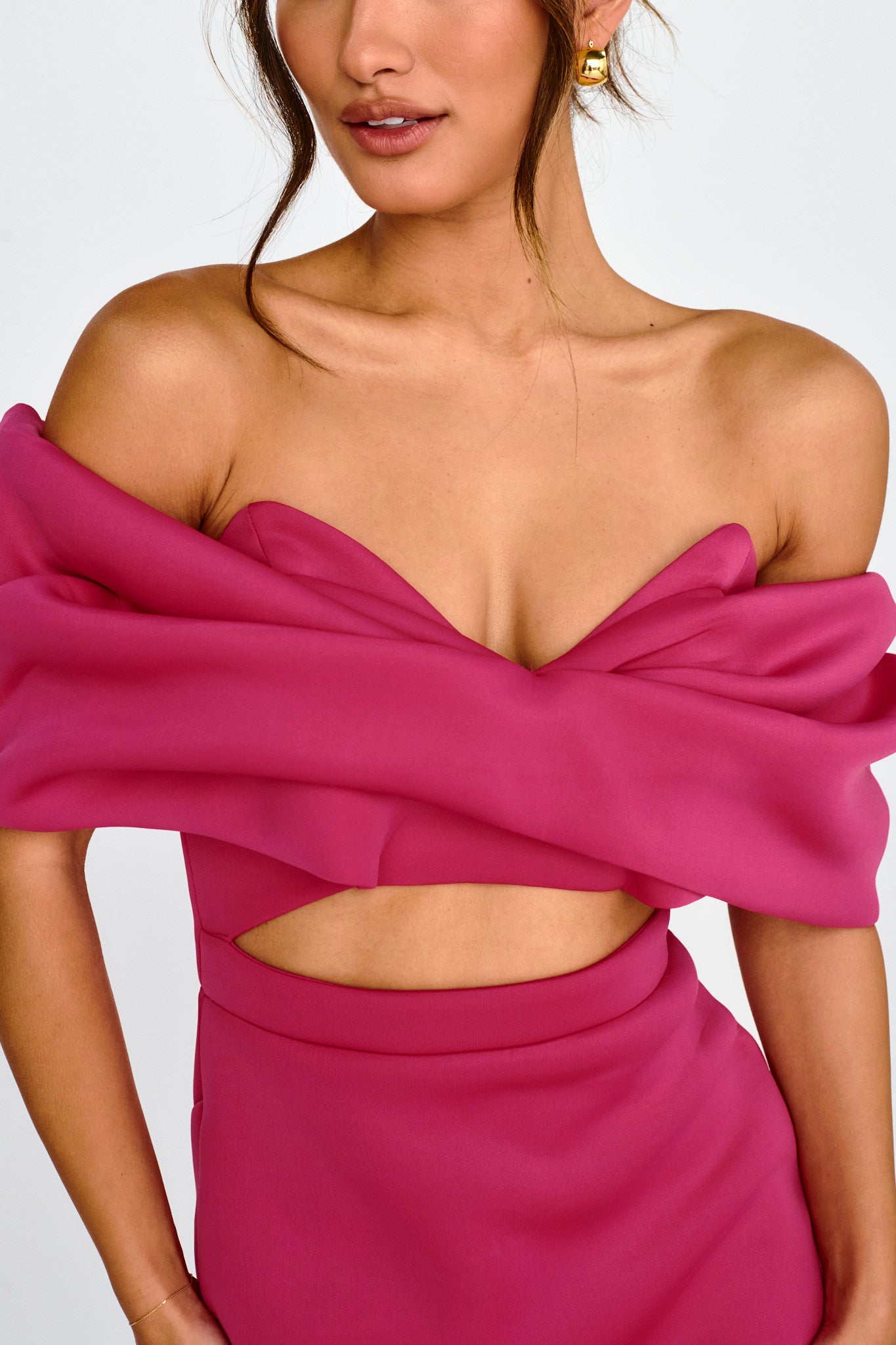 Lucky Star Off Shoulder Cut-Out Mini Dress Fuchsia-Maymioy