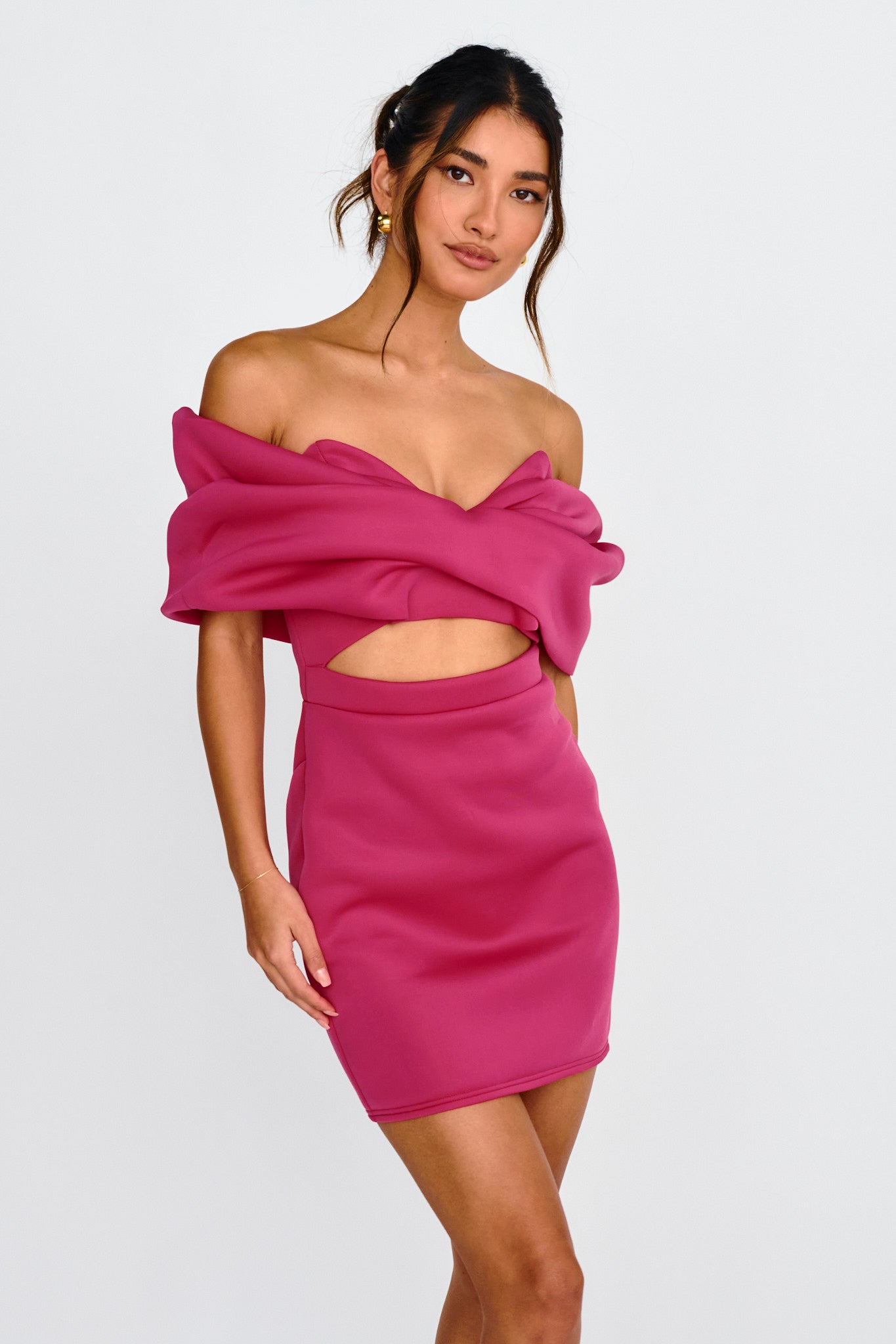 Lucky Star Off Shoulder Cut-Out Mini Dress Fuchsia-Maymioy