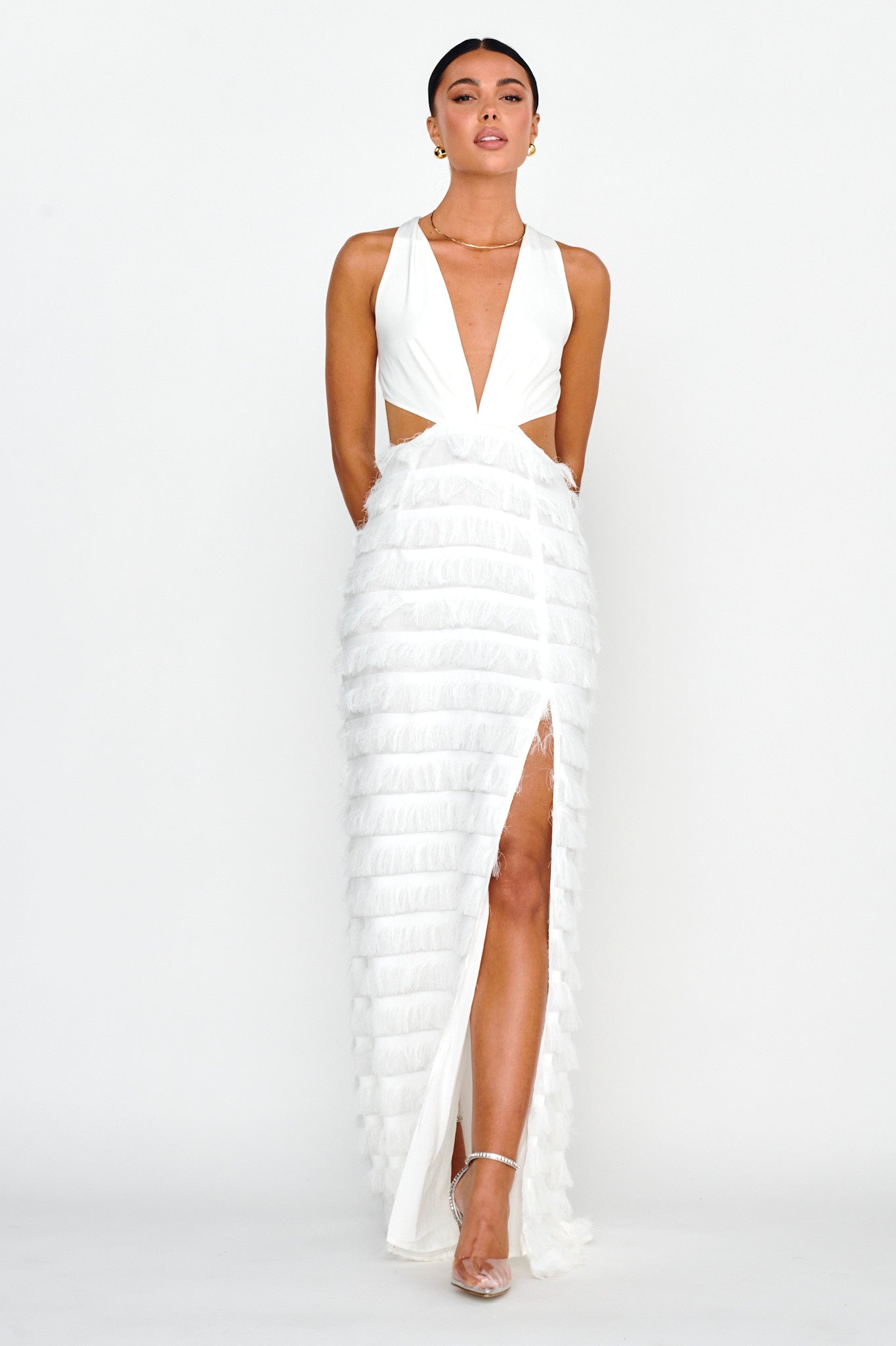 Bold Move Fringe Trim Maxi Dress Ivory-Maymioy