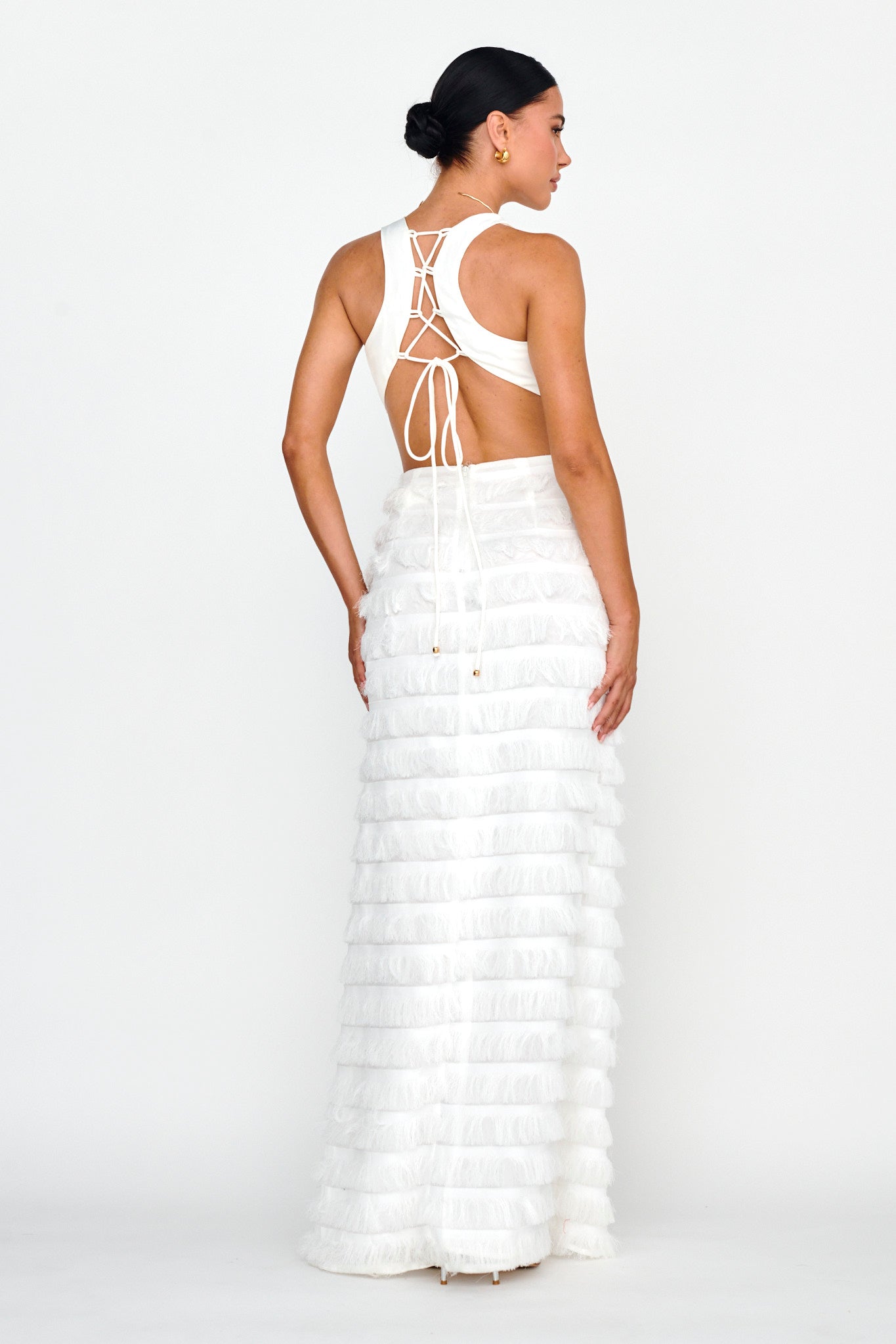 Bold Move Fringe Trim Maxi Dress Ivory-Maymioy