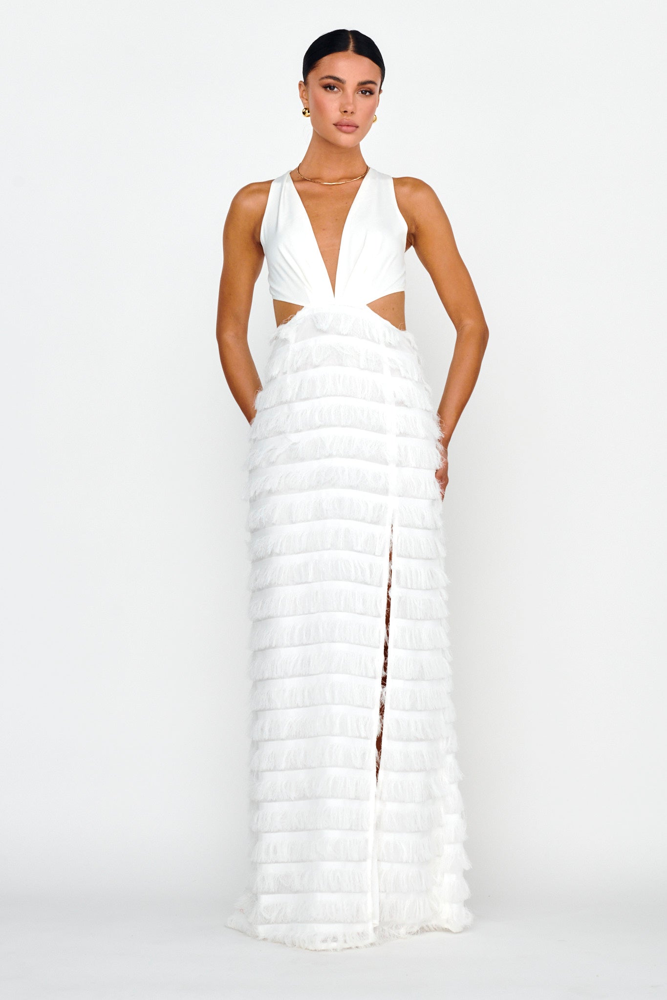 Bold Move Fringe Trim Maxi Dress Ivory-Maymioy