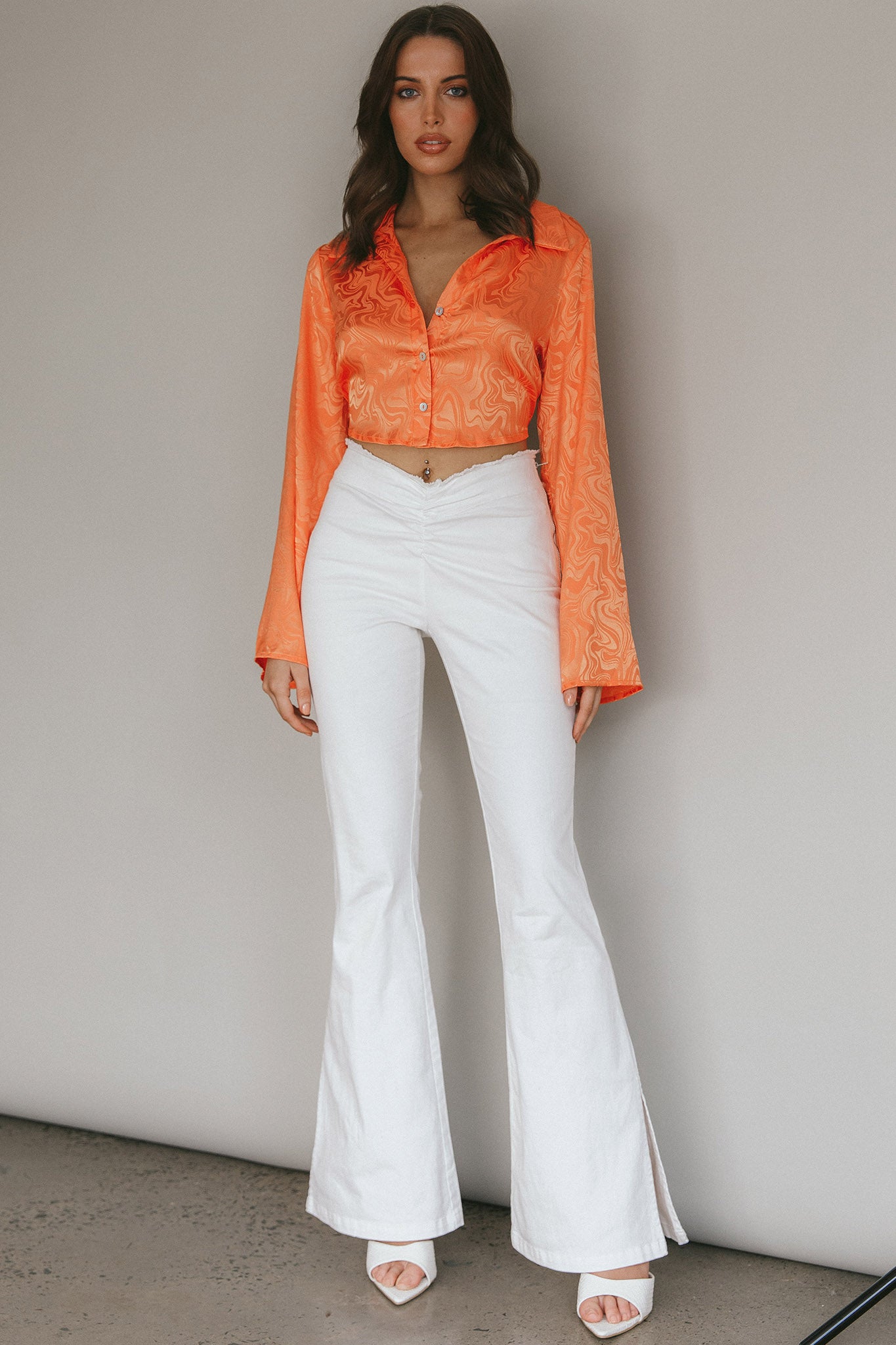 Ciara Flared Sleeve Tied Back Top Orange-Maymioy