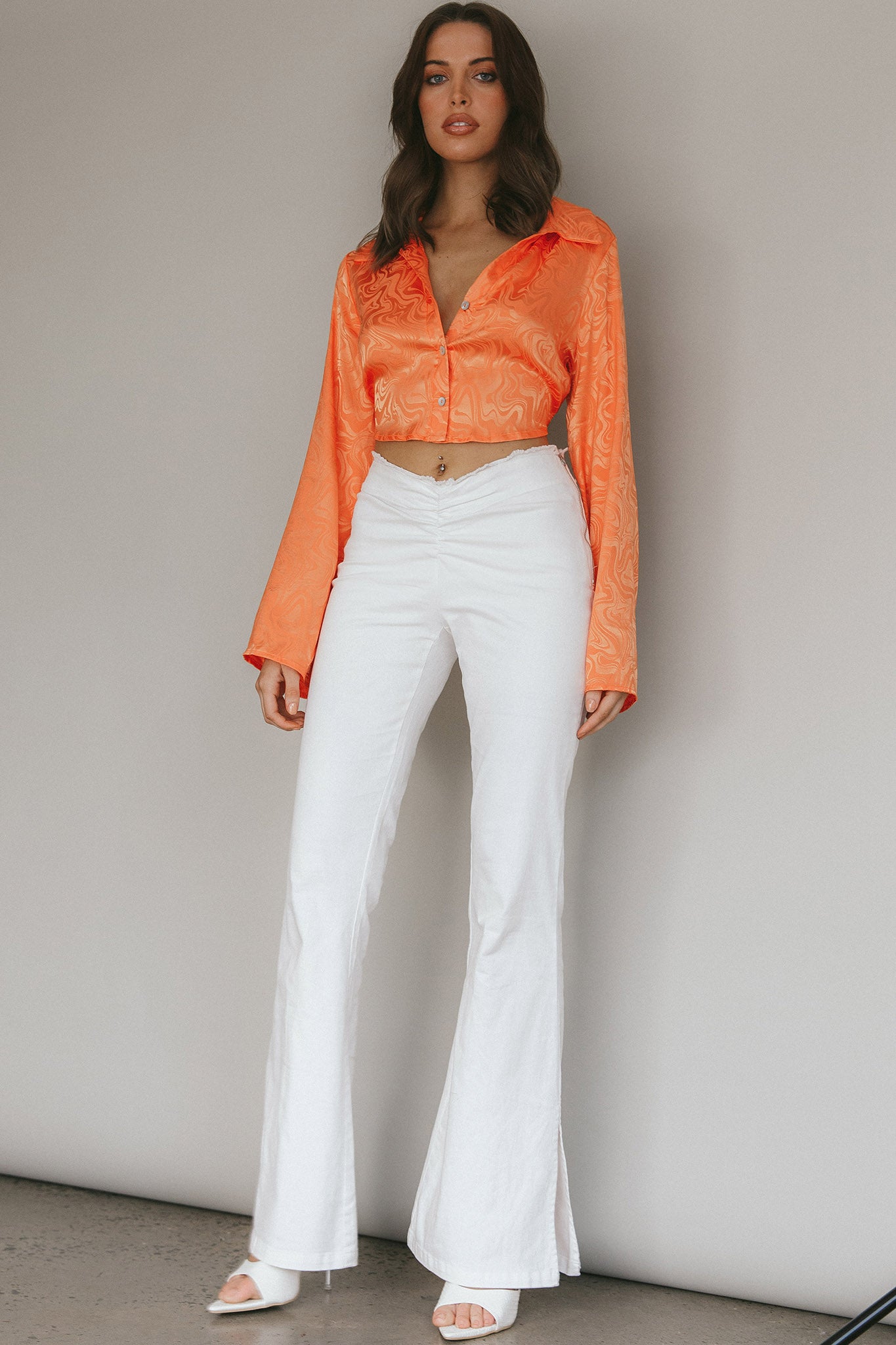 Ciara Flared Sleeve Tied Back Top Orange-Maymioy