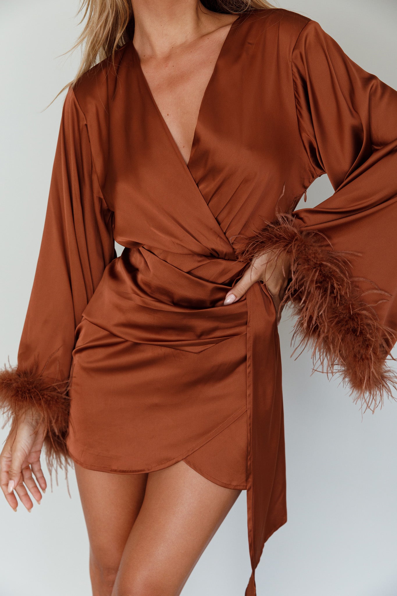 Screen Queen Feather Cuff Mini Dress Ginger-Maymioy