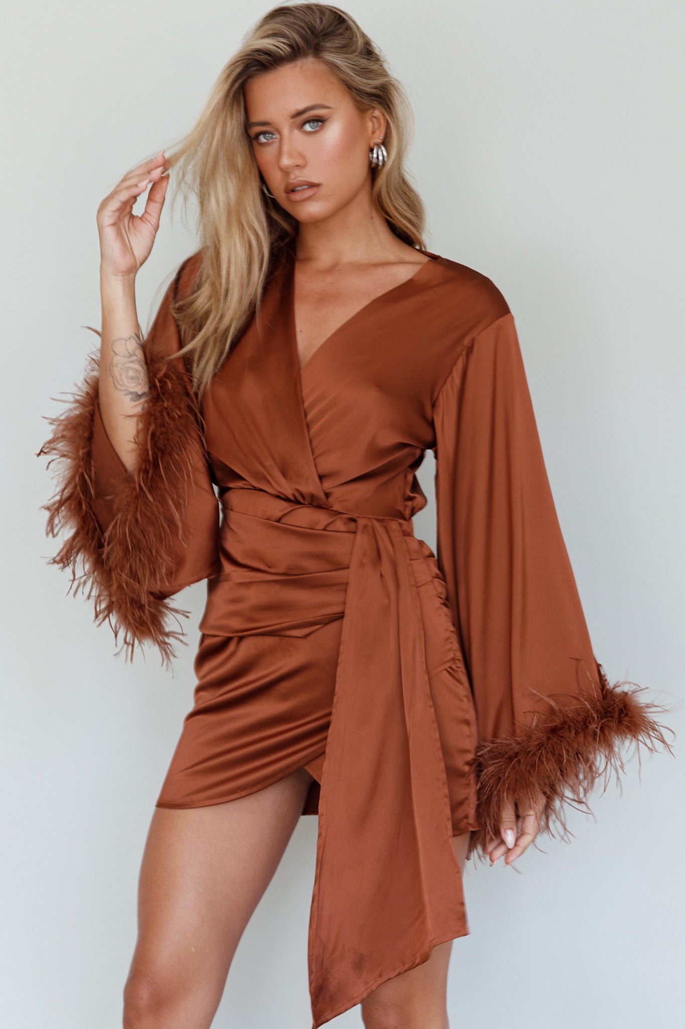 Screen Queen Feather Cuff Mini Dress Ginger-Maymioy
