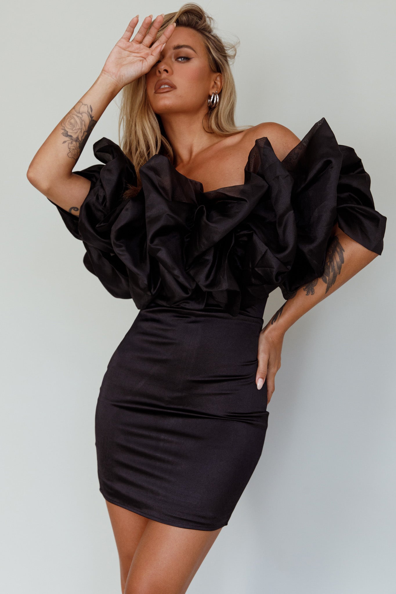 Manhattan Moment Off Shoulder Mini Dress Black-Maymioy