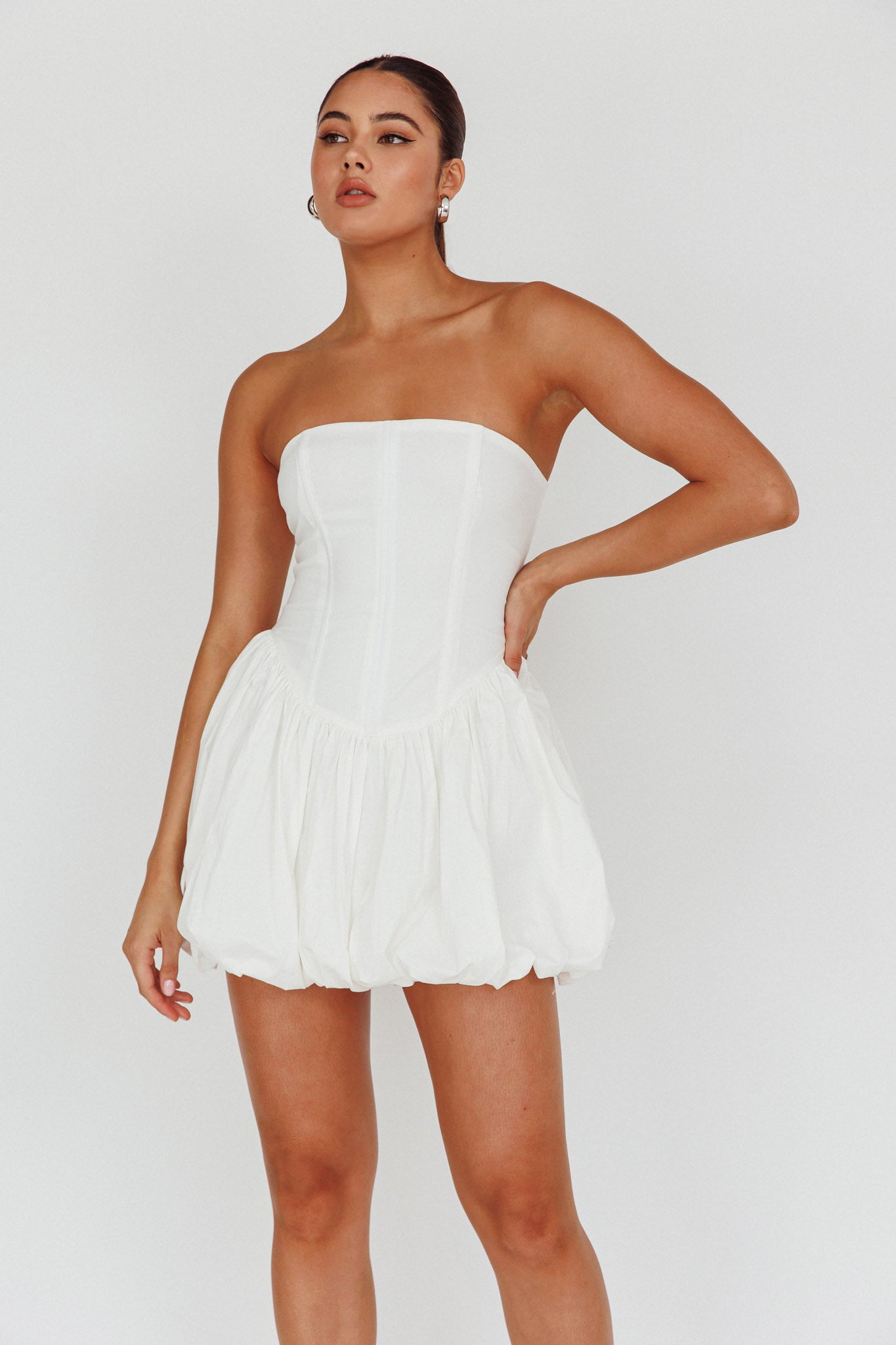 Monti Strapless Bubble Hem Mini Dress White-Maymioy
