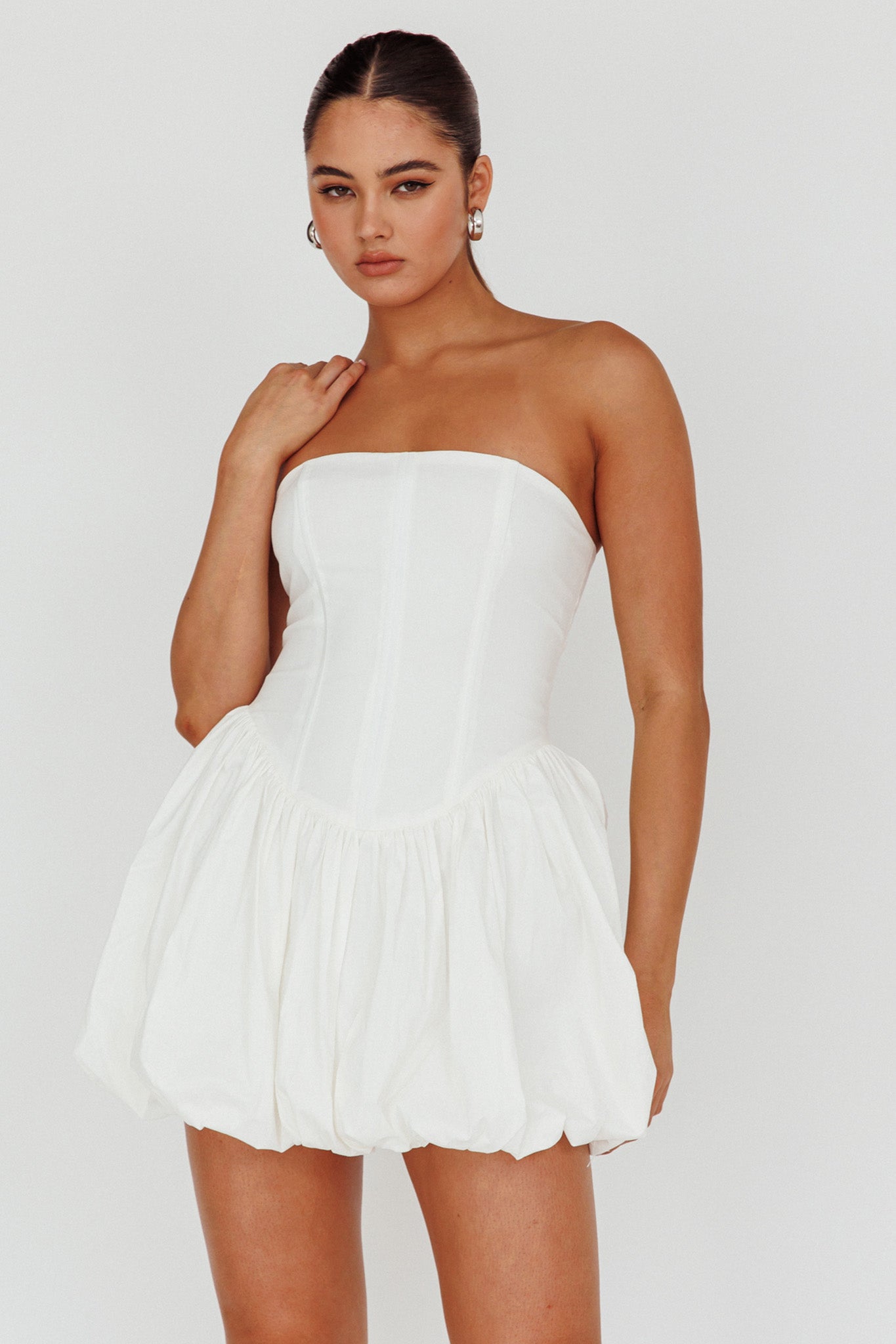 Monti Strapless Bubble Hem Mini Dress White-Maymioy
