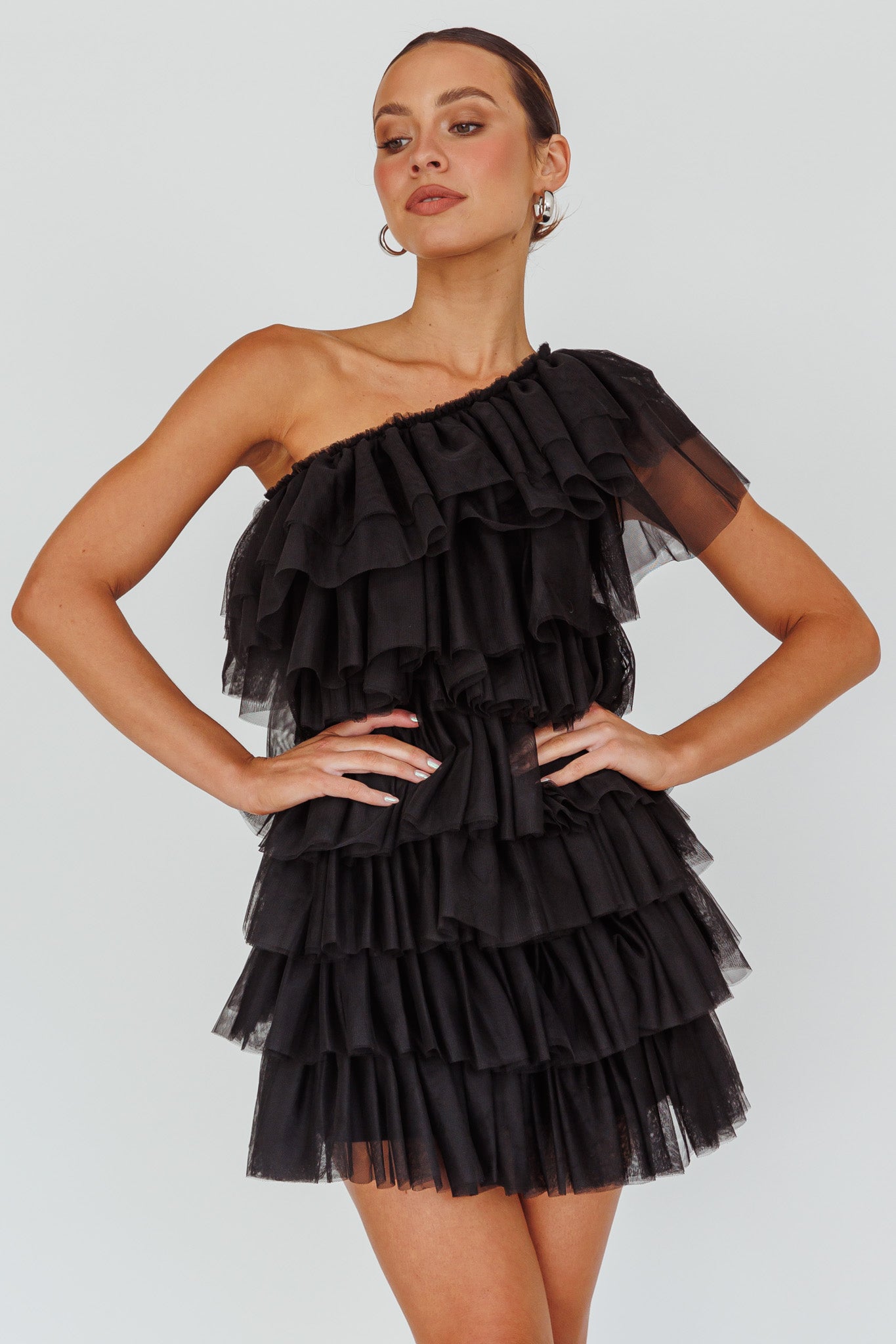 Tomi Layered Frill One-Shoulder Mini Dress Black-Maymioy