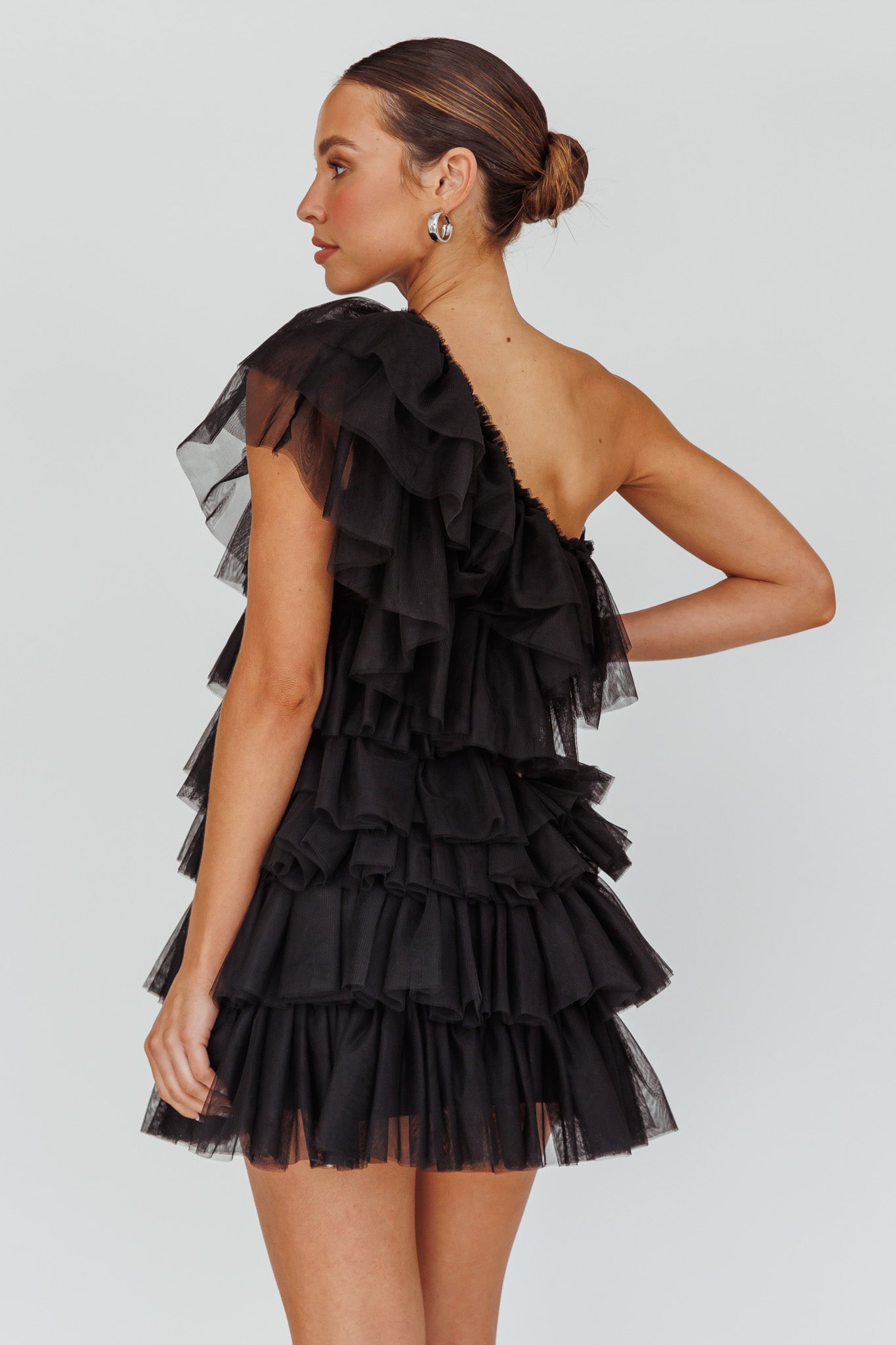 Tomi Layered Frill One-Shoulder Mini Dress Black-Maymioy