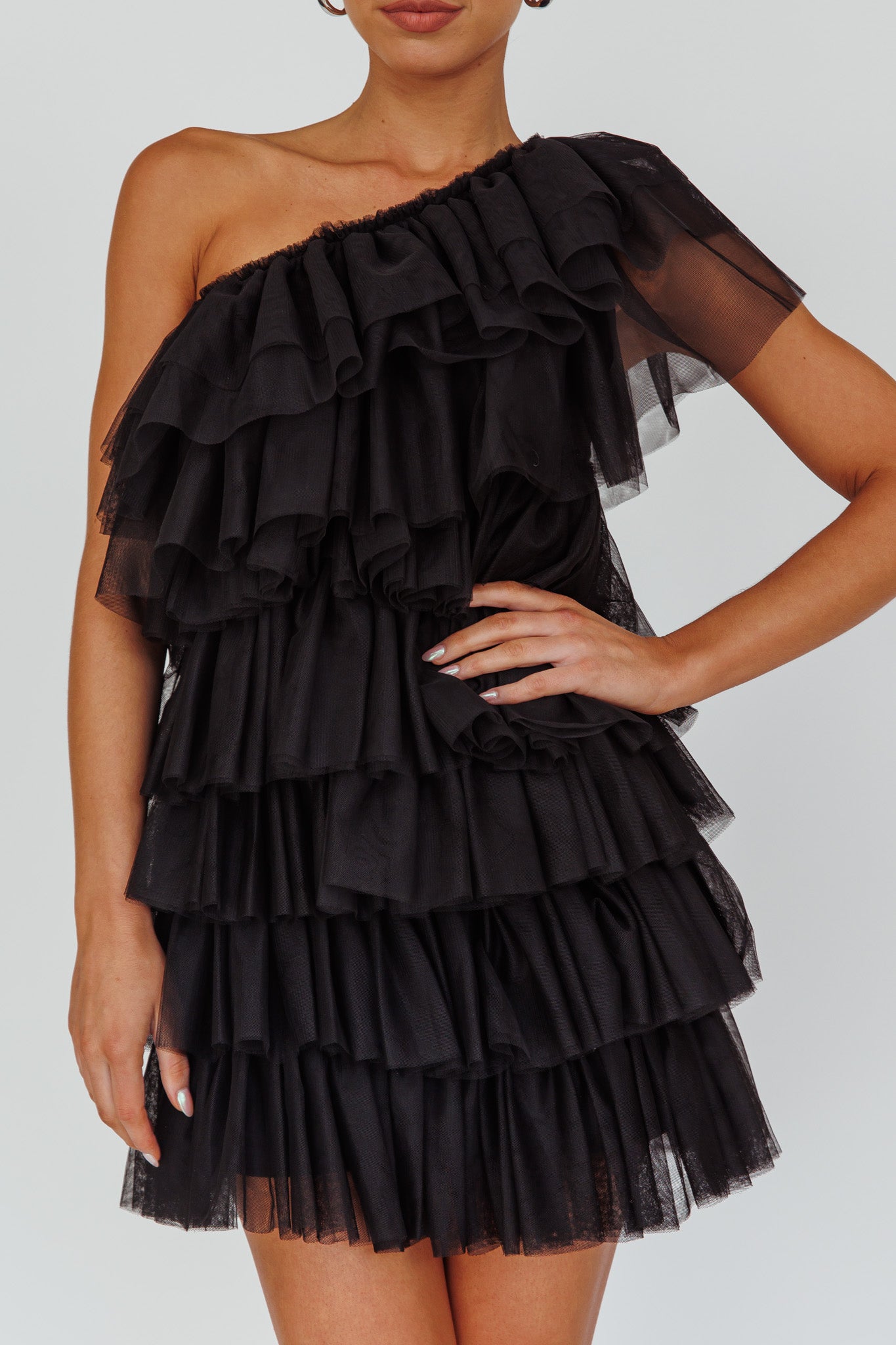 Tomi Layered Frill One-Shoulder Mini Dress Black-Maymioy