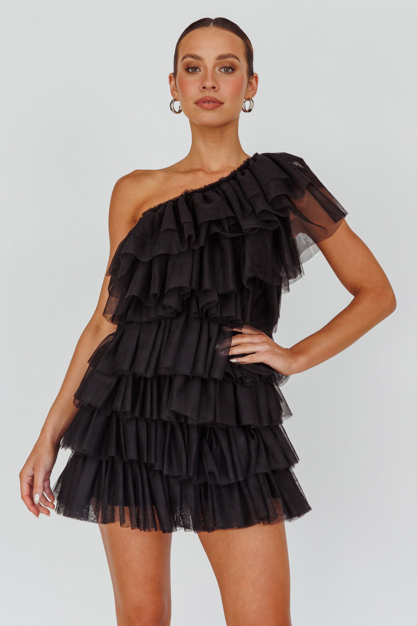 Tomi Layered Frill One-Shoulder Mini Dress Black-Maymioy
