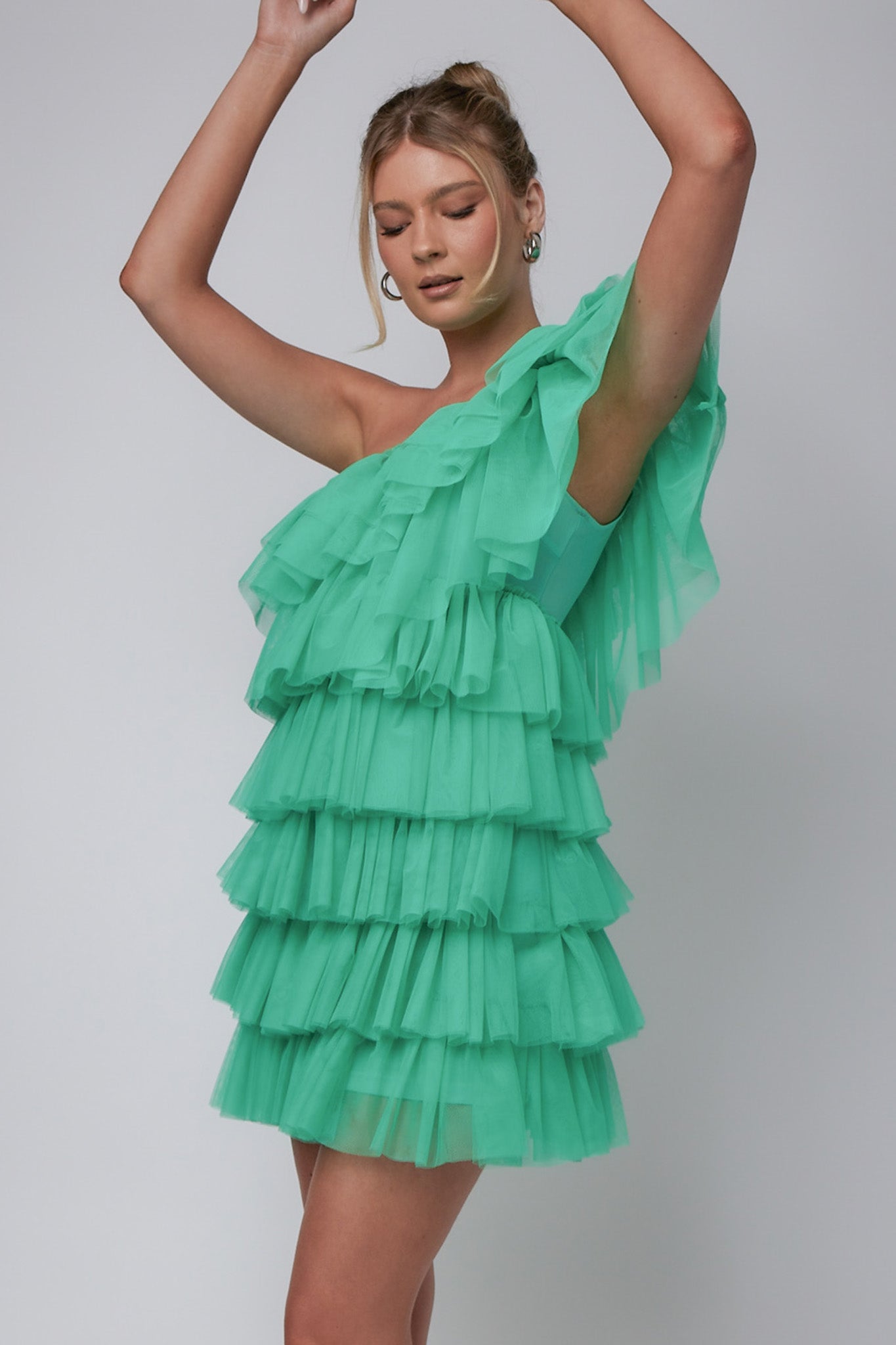 Tomi Layered Frill One-Shoulder Mini Dress Spearmint-Maymioy