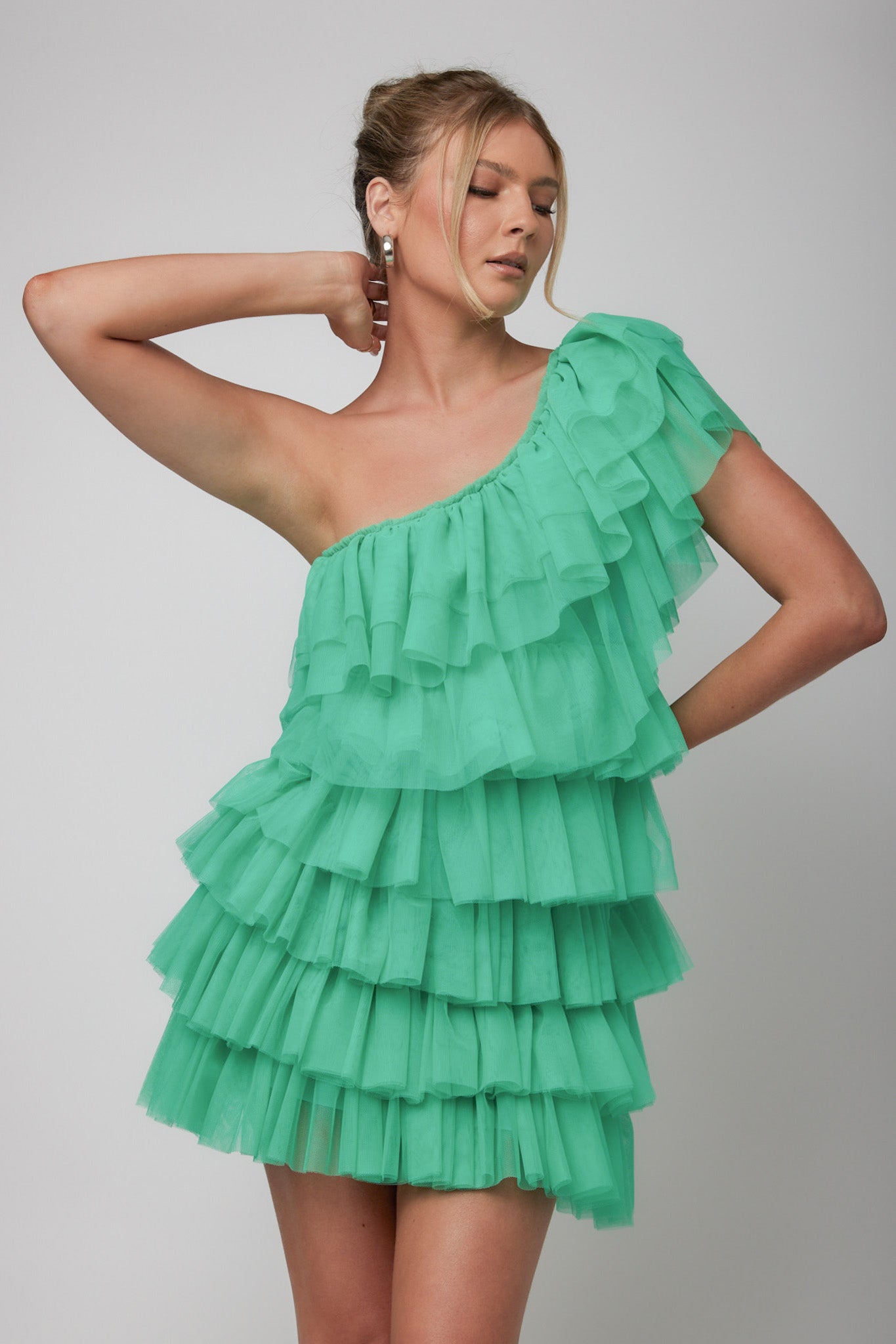 Tomi Layered Frill One-Shoulder Mini Dress Spearmint-Maymioy