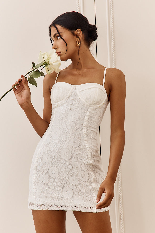 Take A Risk Lace Satin Trim Mini Dress White-Maymioy