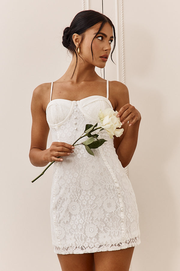 Take A Risk Lace Satin Trim Mini Dress White-Maymioy