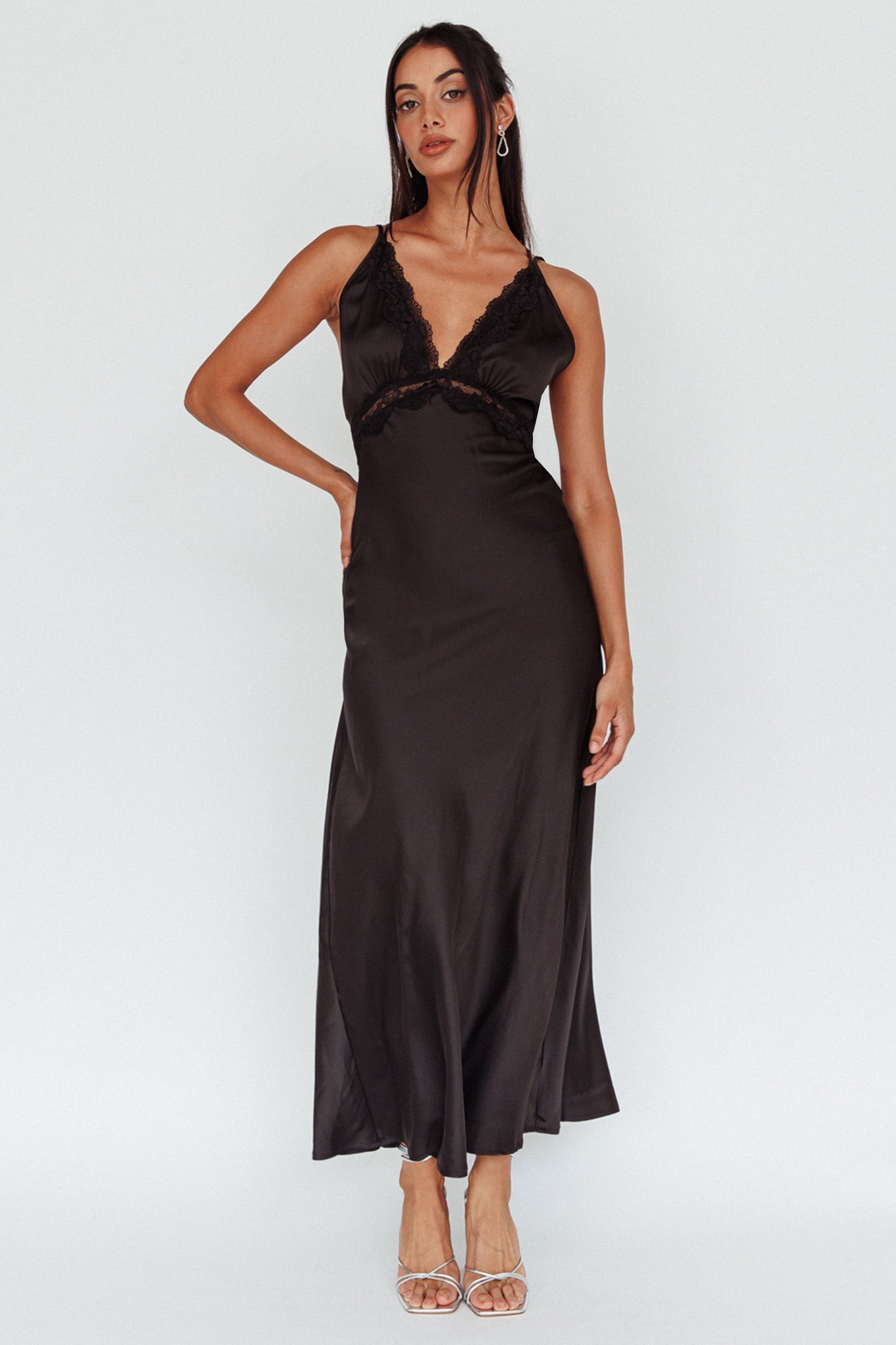 Signature Lace Trim Midi Dress Black-Maymioy