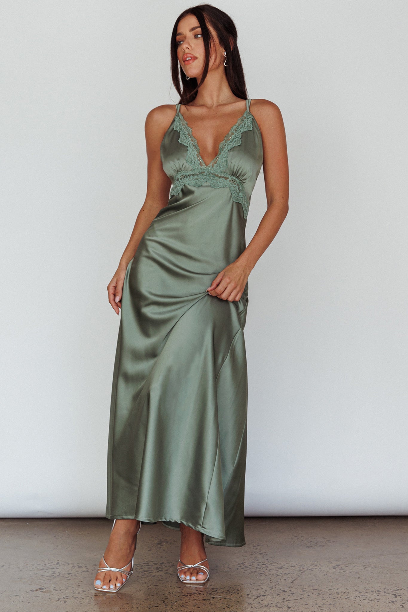 Signature Lace Trim Midi Dress Sage-Maymioy