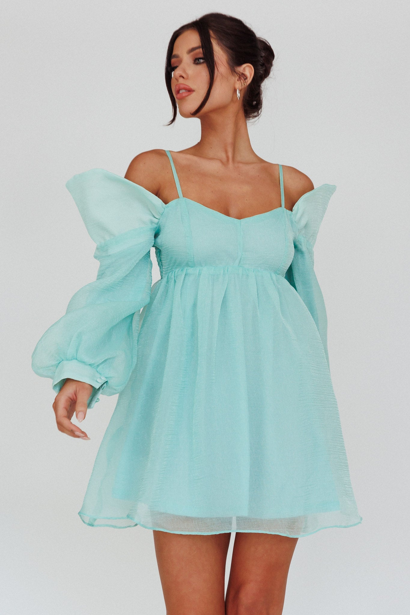 Yasi Long Sleeve Babydoll Mini Dress Mint-Maymioy